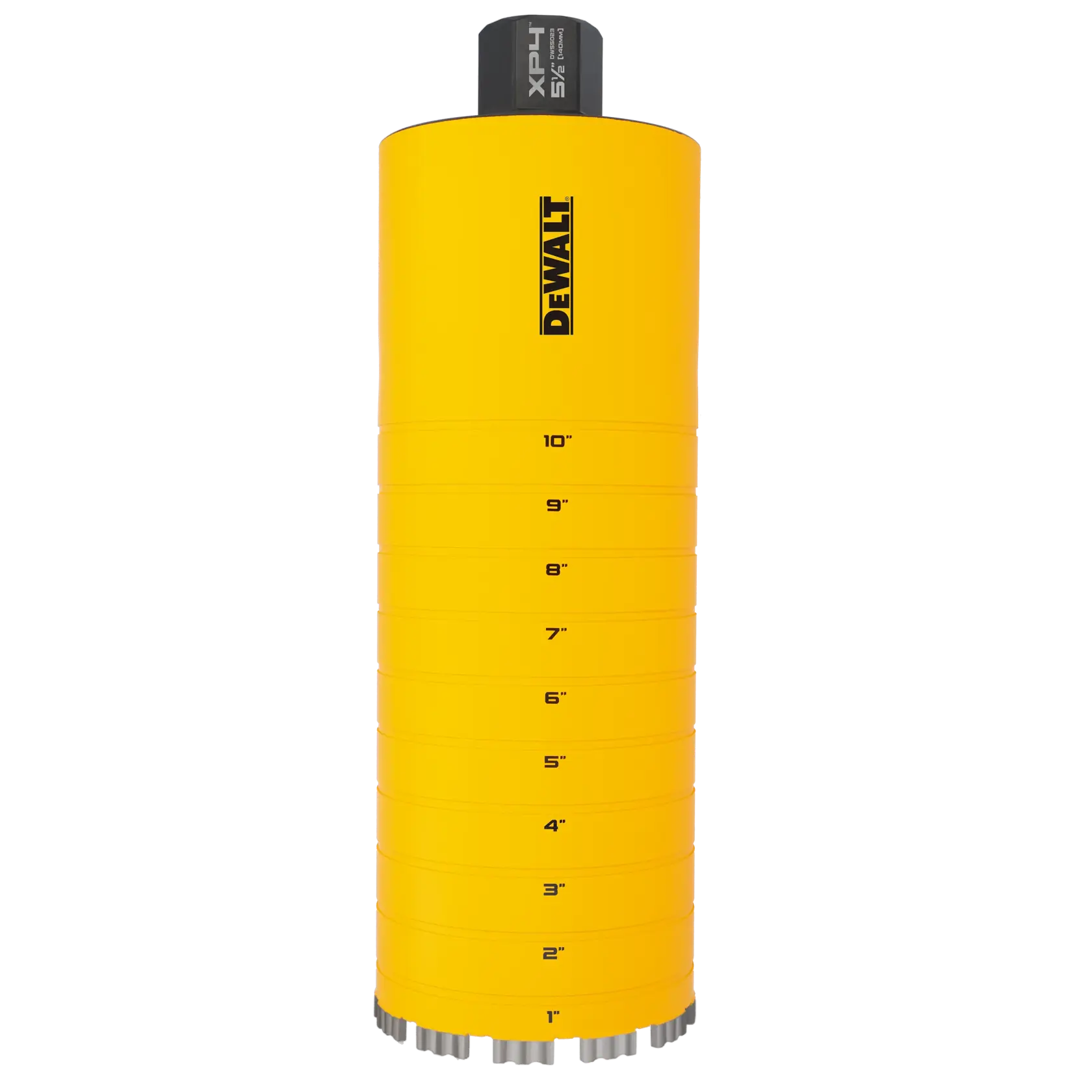 A yellow cylindrical DEWALT core drill bit, marked with depth measurements from 1 inch to 10 inches, and metal cutting teeth at the bottom.