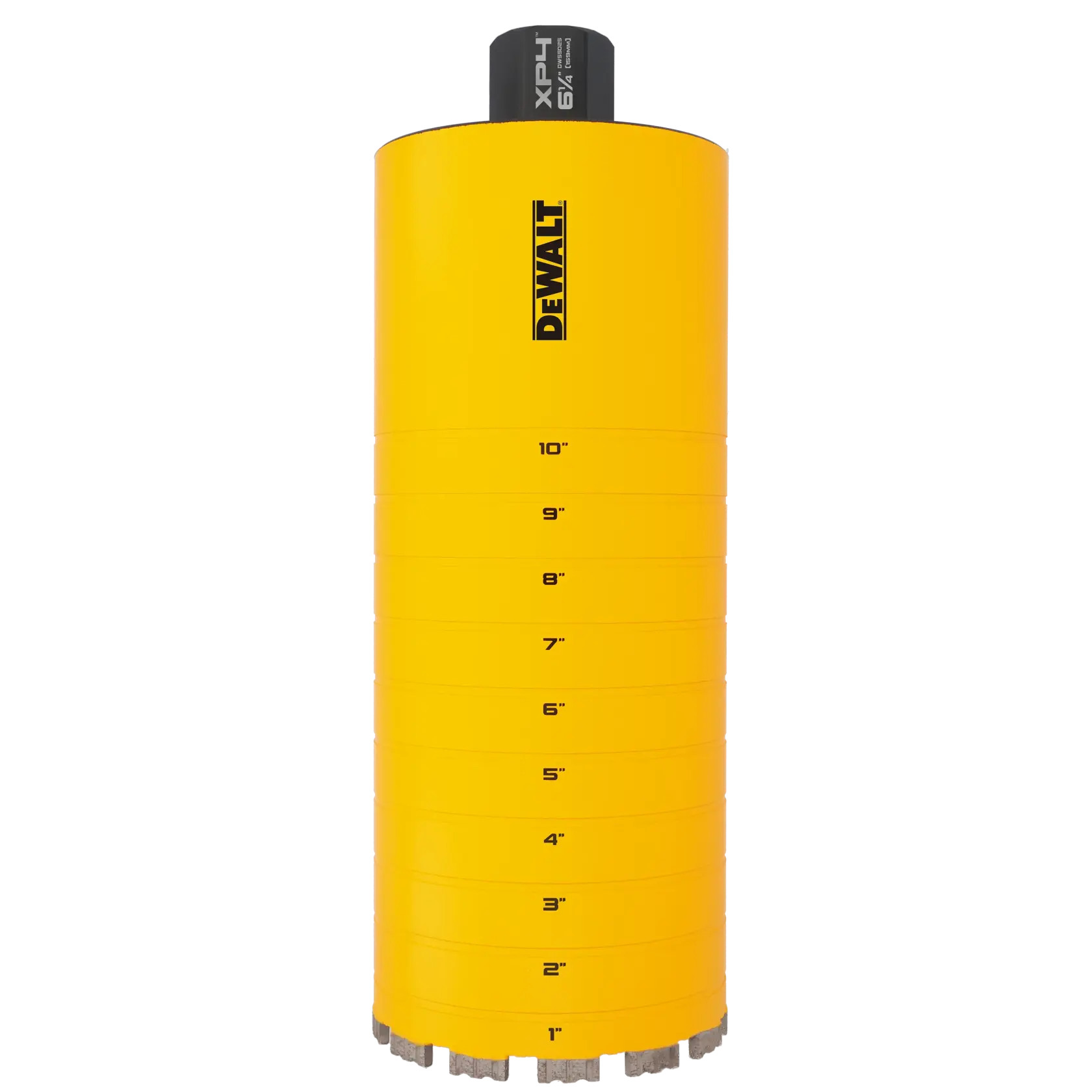 A yellow DEWALT cylindrical tool, marked with depth measurements from 1 inch to 10 inches, featuring a metal drilling end and labeled with 'XPL4' at the top.
