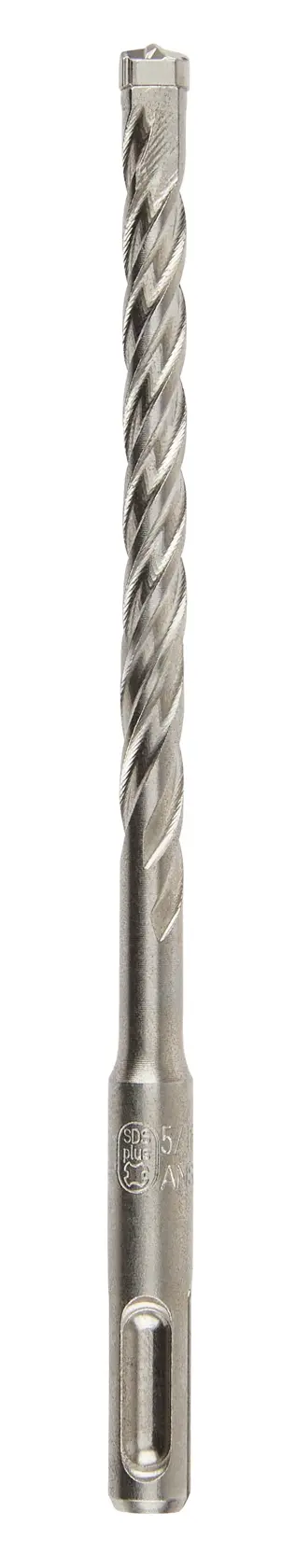 A single metal SDS-plus rotary hammer drill bit, shown vertically with spiral fluting and a slotted shank end, isolated on a white background.