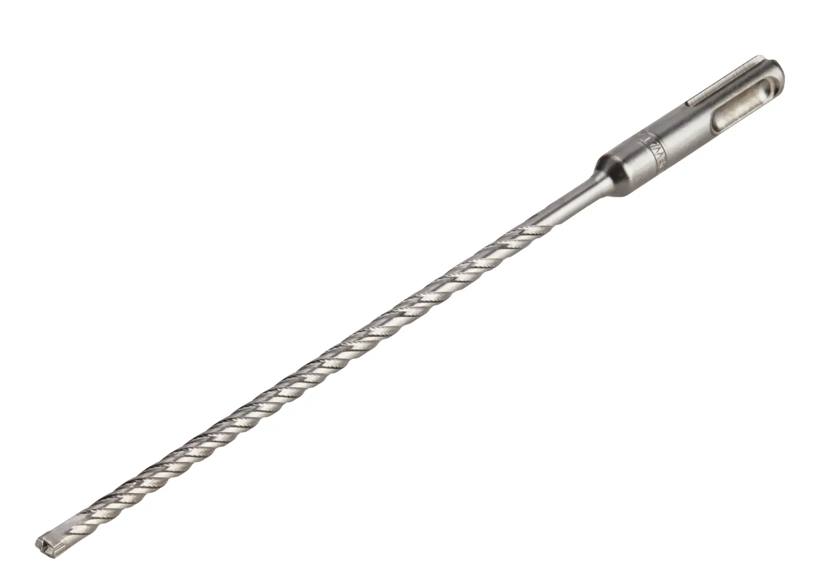 A single long, spiral-tipped metal masonry drill bit with an SDS shank, photographed on a white background.