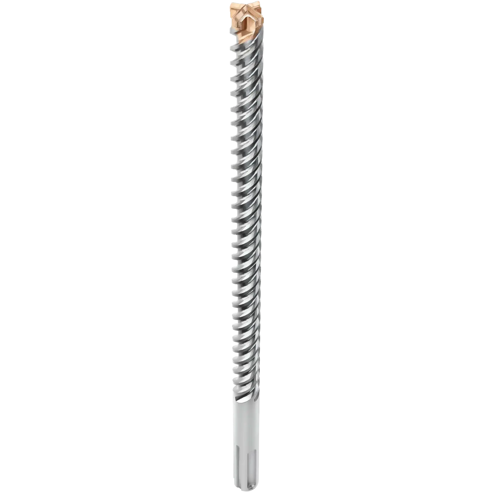 SDS Max High Impact Carbide 4 Cutter Drill Bit being used by worker to drill through concrete wall at outdoor work site.