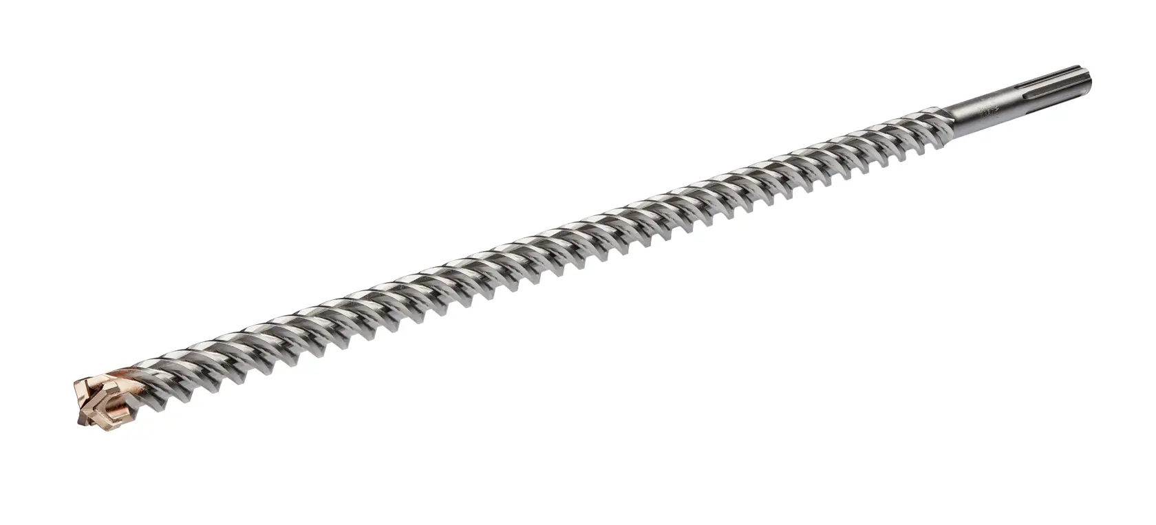 A long, spiral metal drill bit with a carbide tip, designed for use in rotary hammer drills. The bit is shown against a white background.