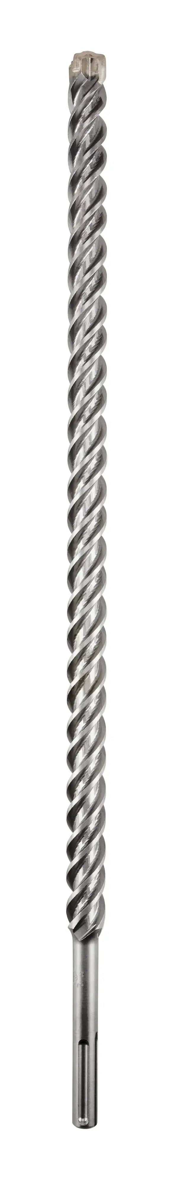 A close-up image of a metal SDS rotary hammer drill bit with a spiral fluted design and a carbide tip, isolated on a white background.