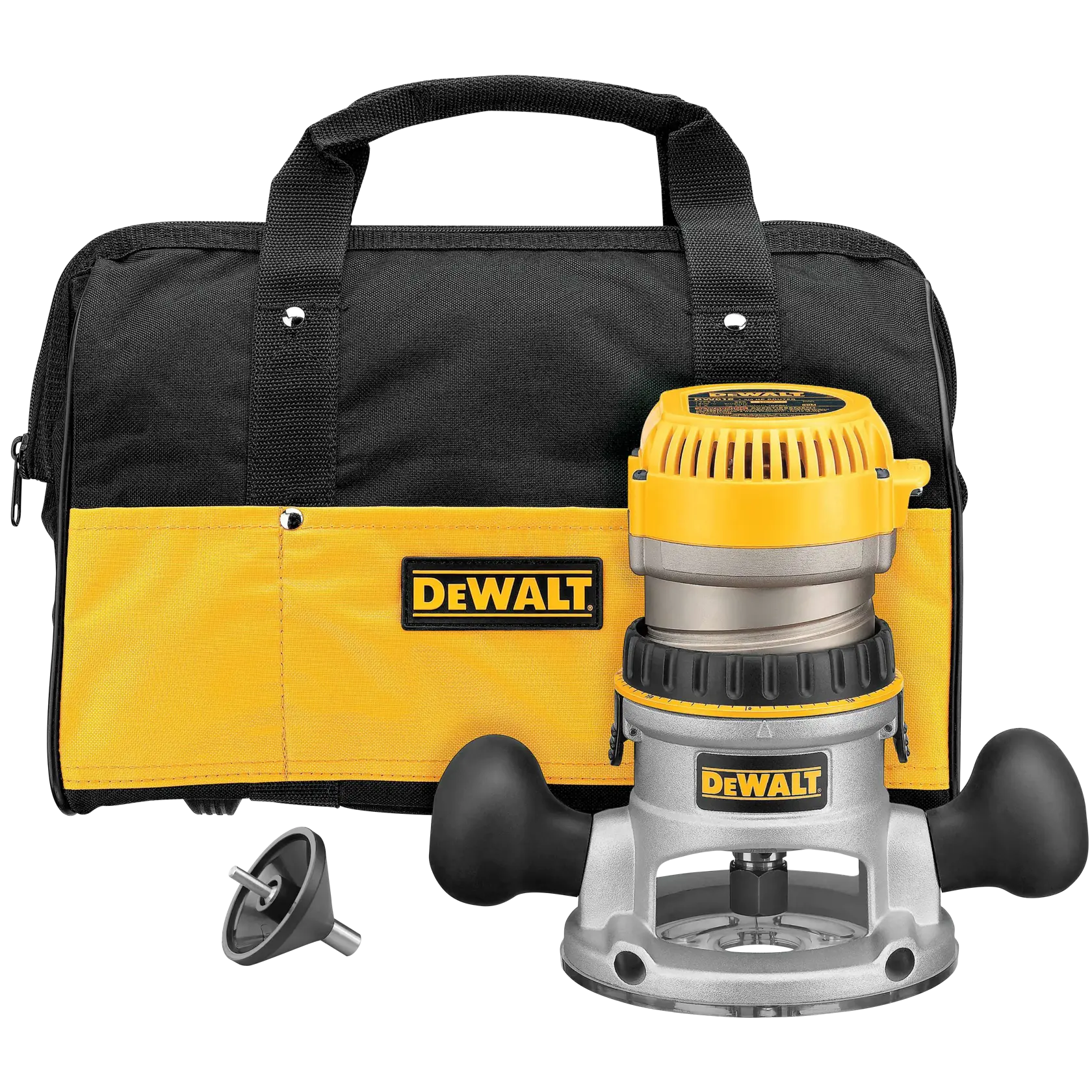 A DEWALT wood router with a yellow and black carrying bag and a metal accessory, all displayed on a white background.