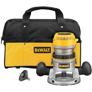 A DEWALT wood router with a yellow and black carrying bag and a metal accessory, all displayed on a white background.