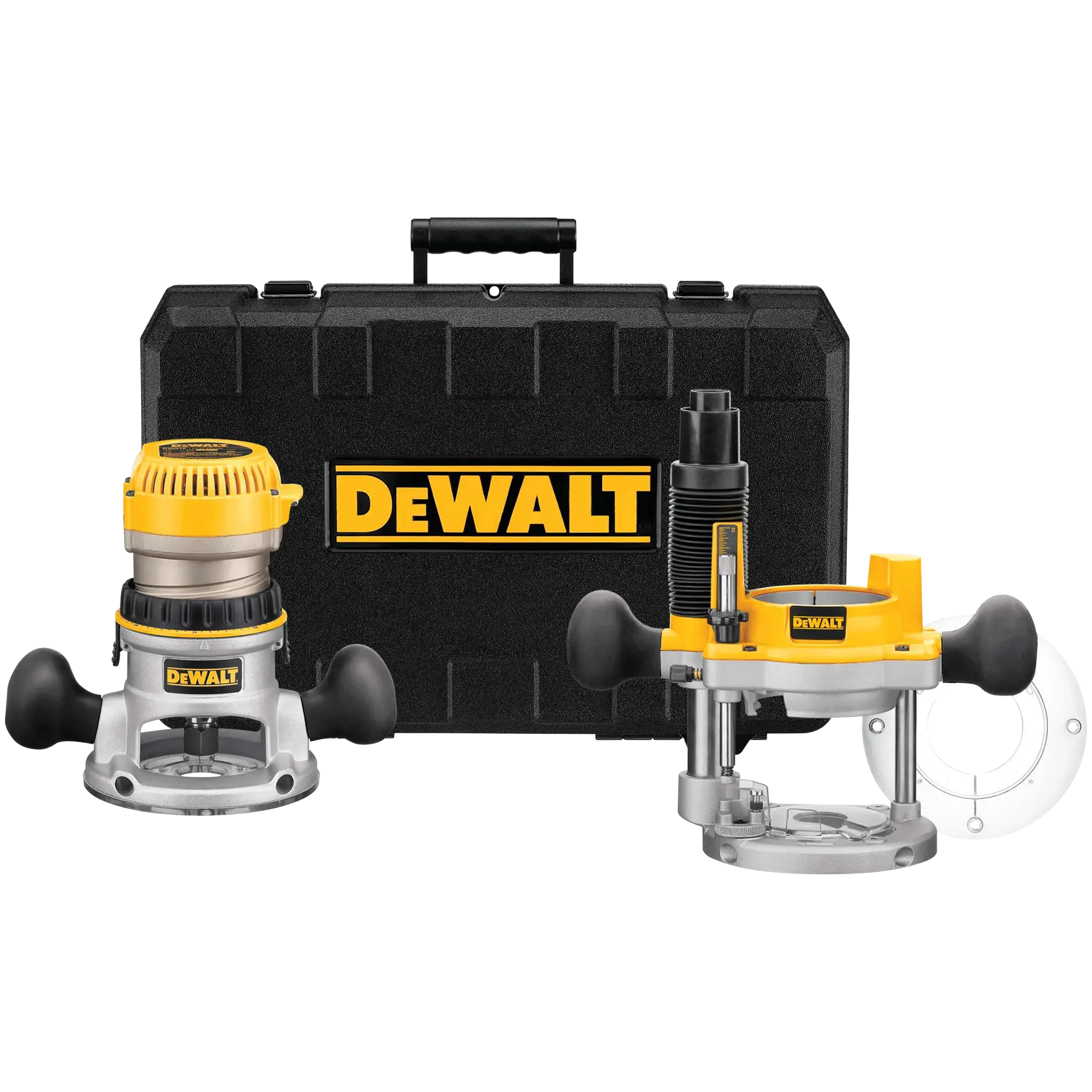 A DEWALT router kit with two router bases and a black carrying case with the DEWALT logo. The kit includes a fixed base router, a plunge base router, and accessories, all in yellow and silver colors.
