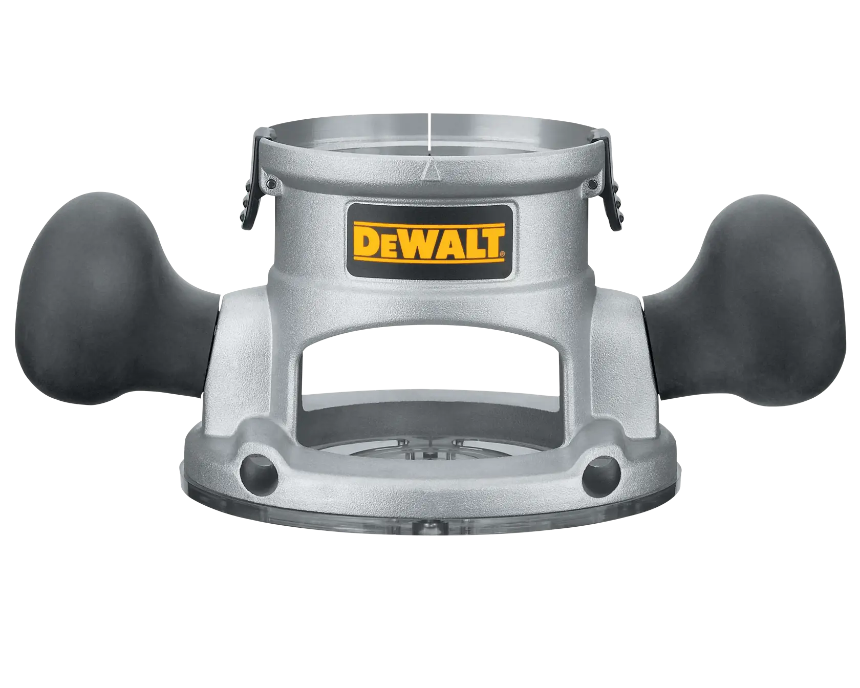 A DEWALT router base with two black handles, used for woodworking and routing tasks.
