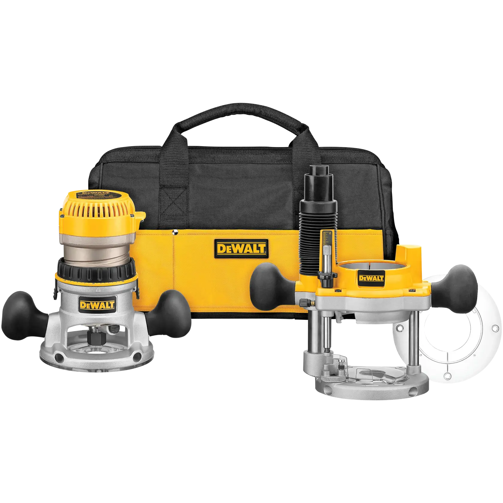 DEWALT woodworking router kit including two router bases and a black and yellow carrying bag, displayed against a white background.