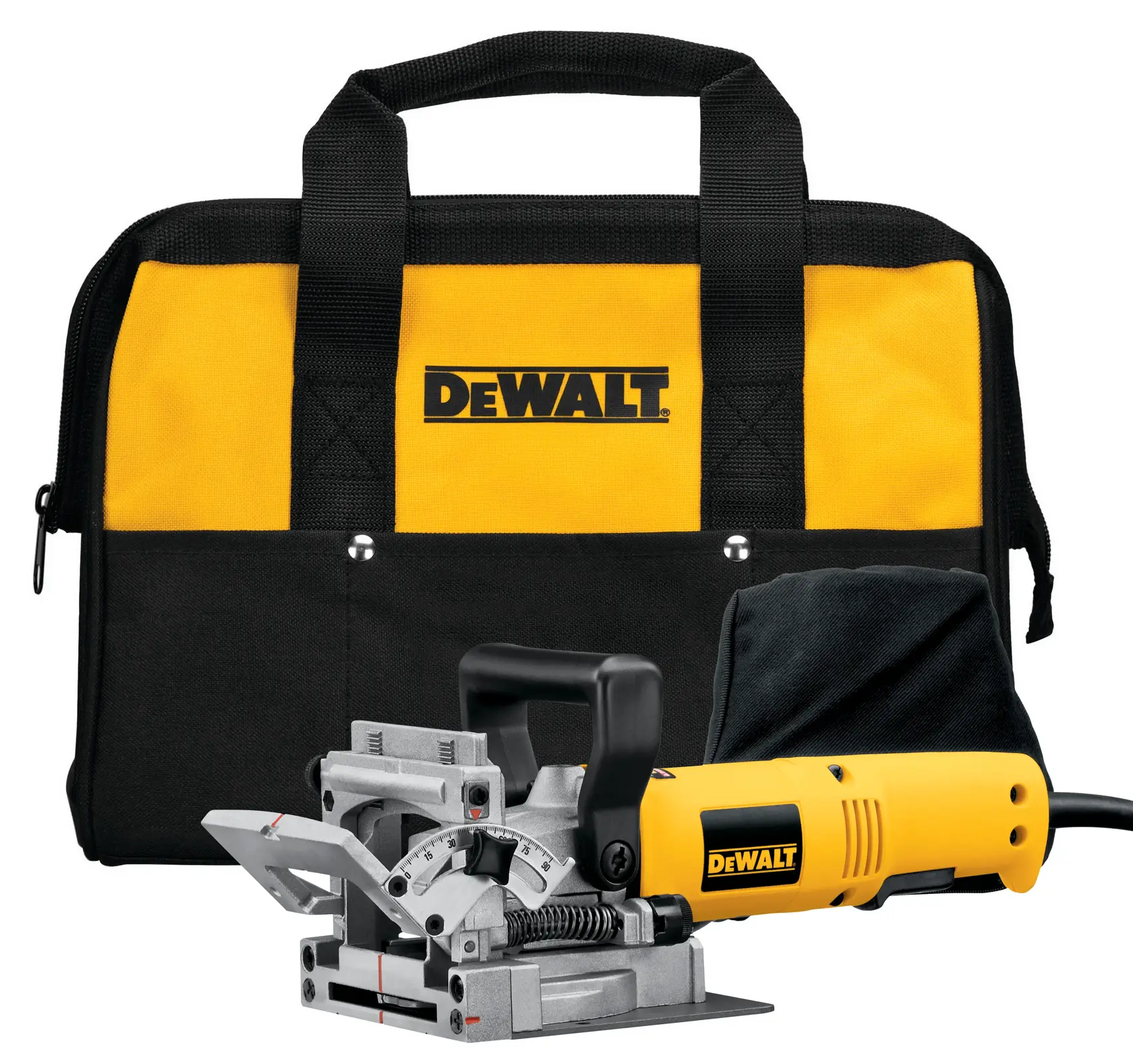 A yellow and black carrying bag with DeWalt branding, positioned behind an electric woodworking tool also branded with DeWalt. The tool has a dust bag attached to it.