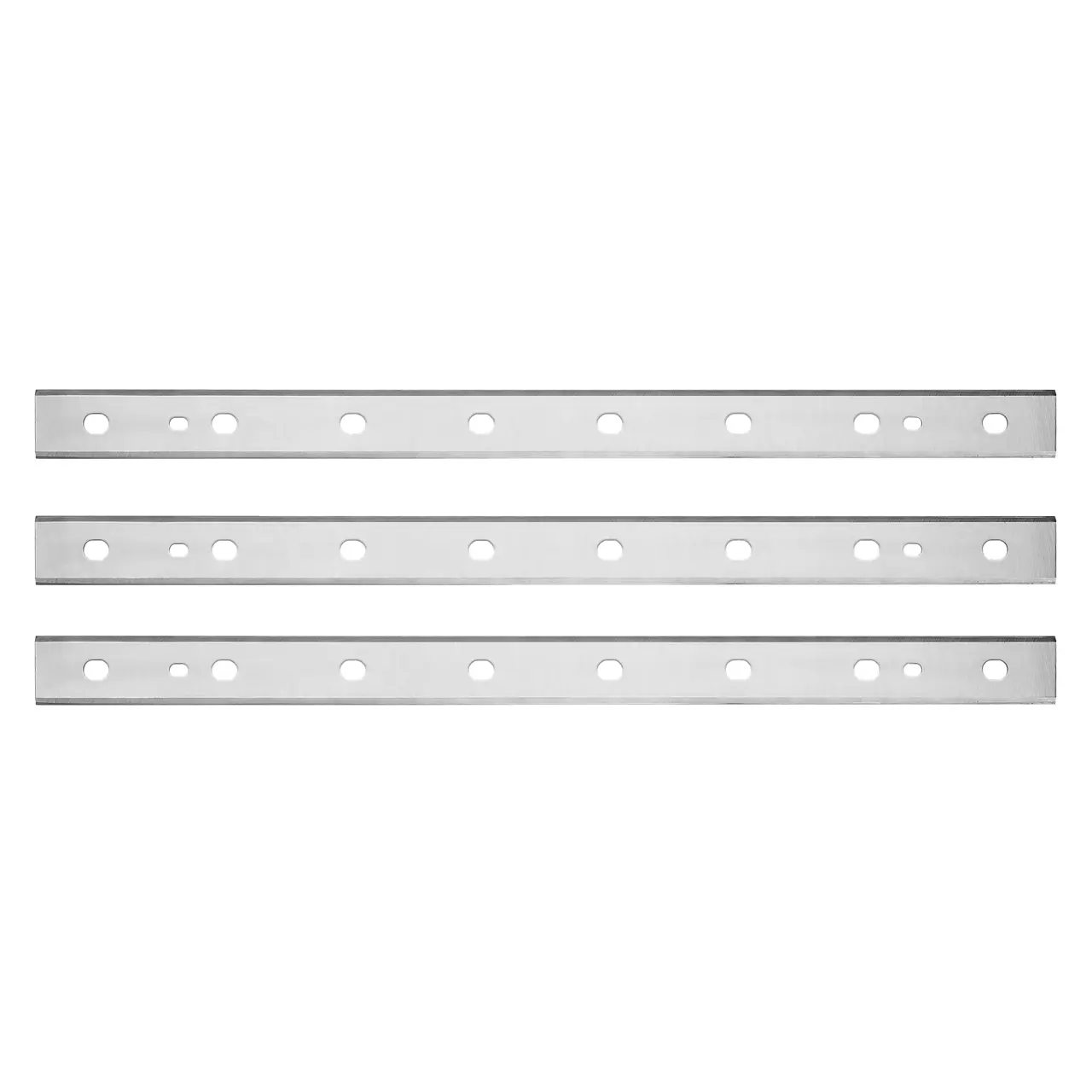 Three metal planer blades, each rectangular with evenly spaced holes along their length, arranged in parallel on a white background.