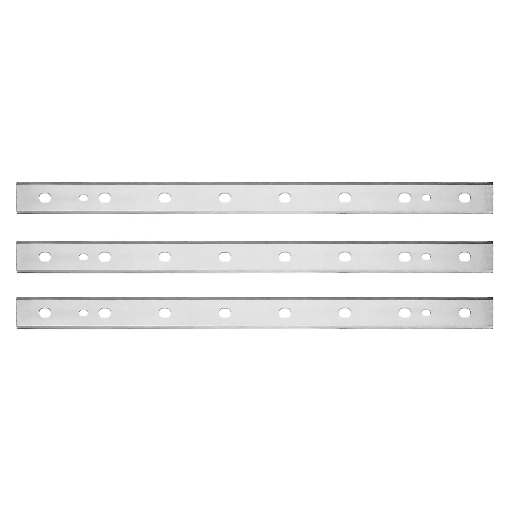 Three metal planer blades, each rectangular with evenly spaced holes along their length, arranged in parallel on a white background.
