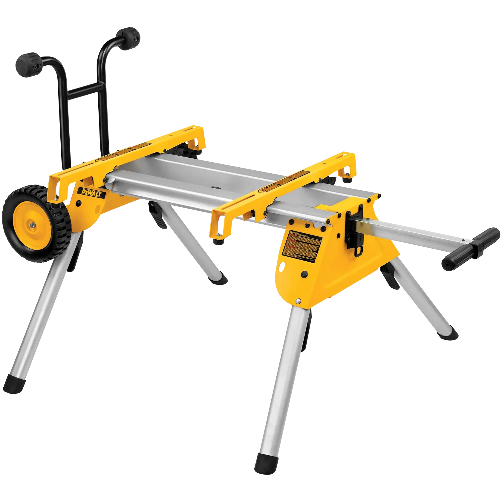 Profile of Rolling table saw stand with retractable soft grip handle out.