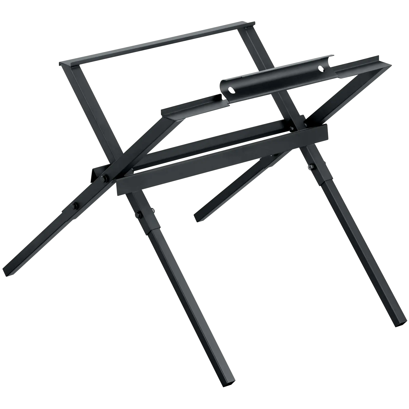 A black metal stand designed for supporting a table saw, featuring angled legs and a rectangular frame.