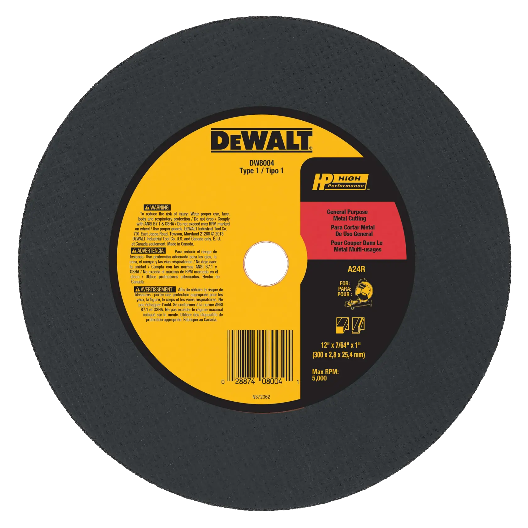 12 inch by 7 / 64 inch by 1 inch Metal cutting chop saw wheels type 1.