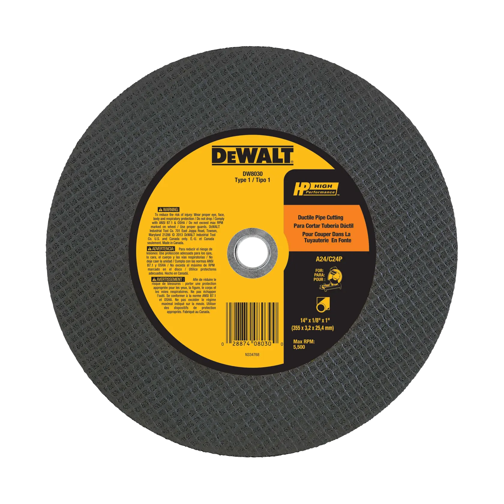 DEWALT® HP™ 14-in. x 1/8-in. x 1-in. Ductile Pipe Cutting Wheel
