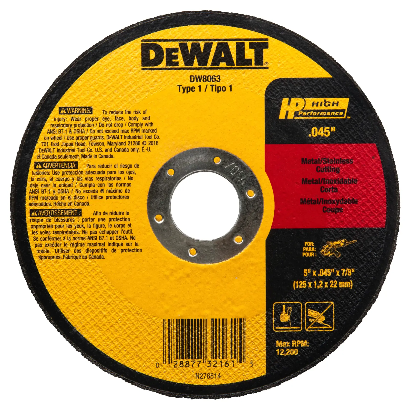 DEWALT® HP™ 5-in. x .045-in. x 7/8-in. T1 Aluminum Oxide Cut-Off Wheel