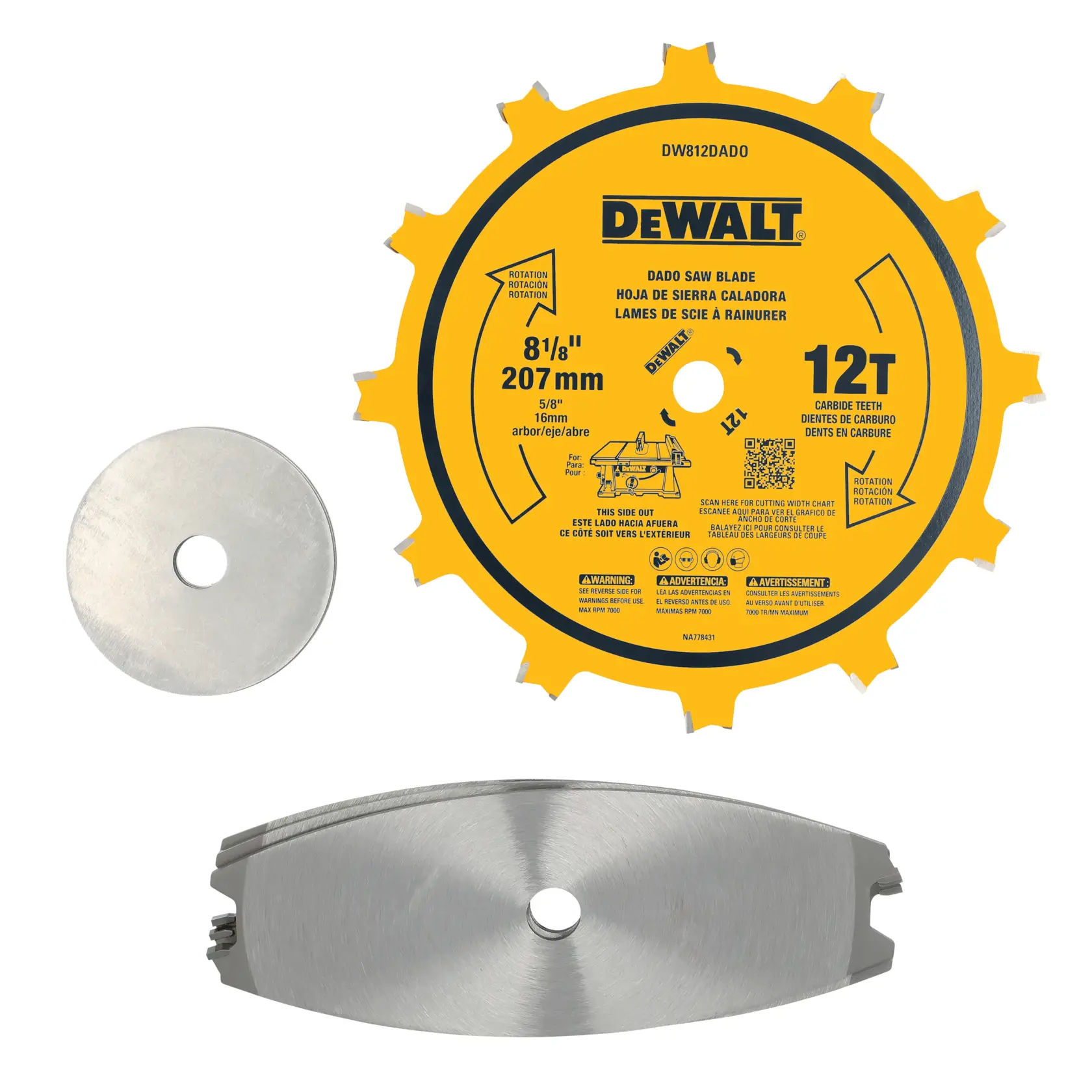 A DeWalt brand dado saw blade set, including a yellow circular saw blade marked 8 1/8 inches (207 mm) with 12 carbide teeth, accompanied by two metal components: a silver spacer disc and a stacked chipper blade. The items are arranged on a white background.