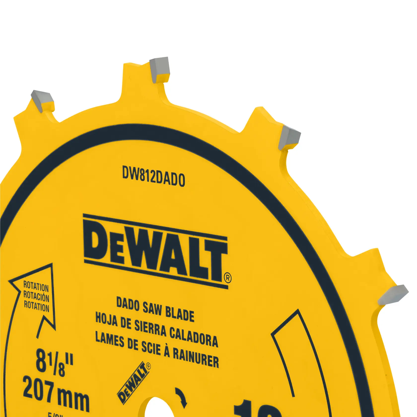 Close-up view of a DeWalt dado saw blade, showing the yellow disc with sharp carbide teeth and product details printed in English, Spanish, and French.