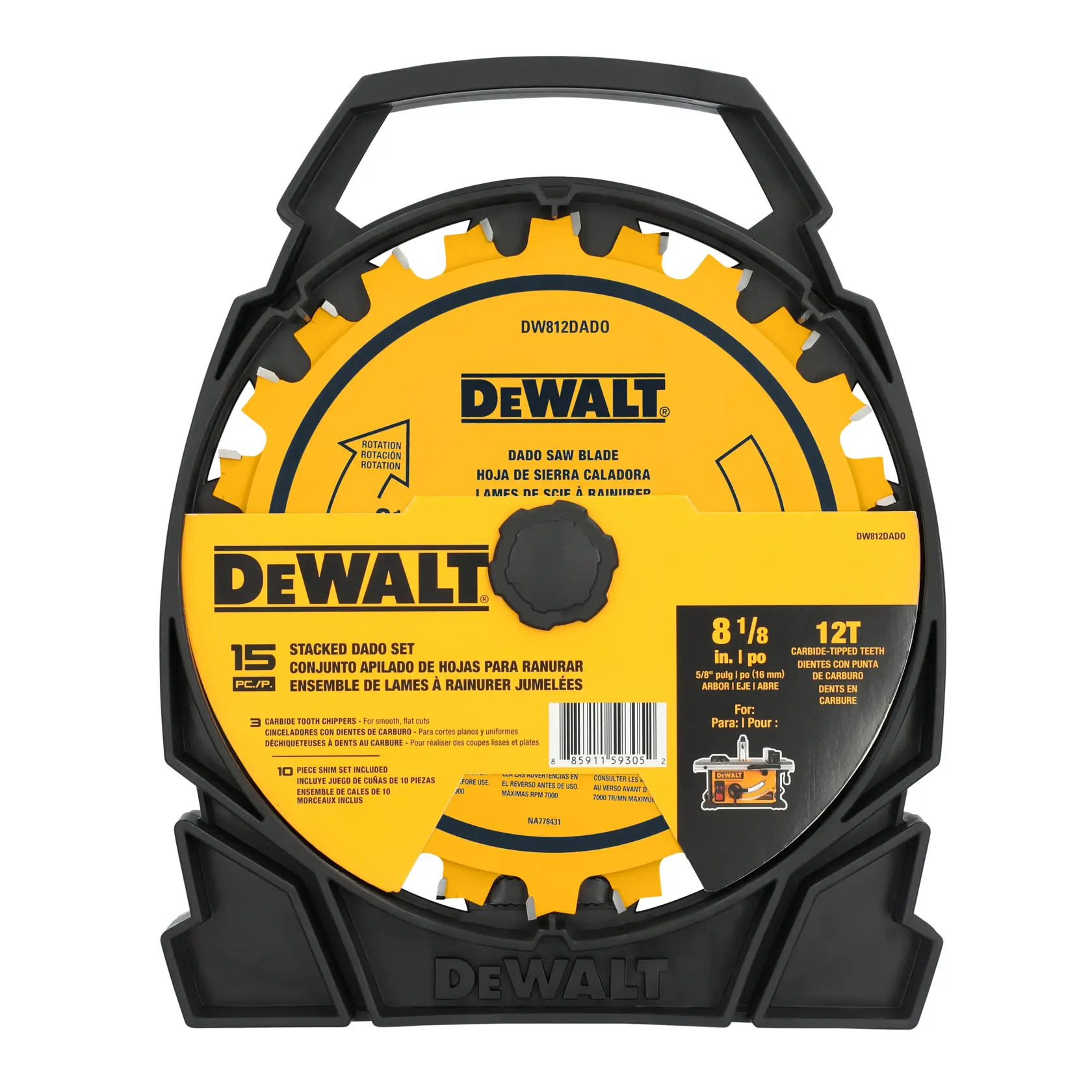 A DeWalt stacked dado saw blade set in a black plastic carrying case. The case contains multiple yellow circular saw blades with carbide-tipped teeth. The packaging displays product information, including the blade size of 8-1/8 inches, the 15-piece count, and details about the blade type and usage.