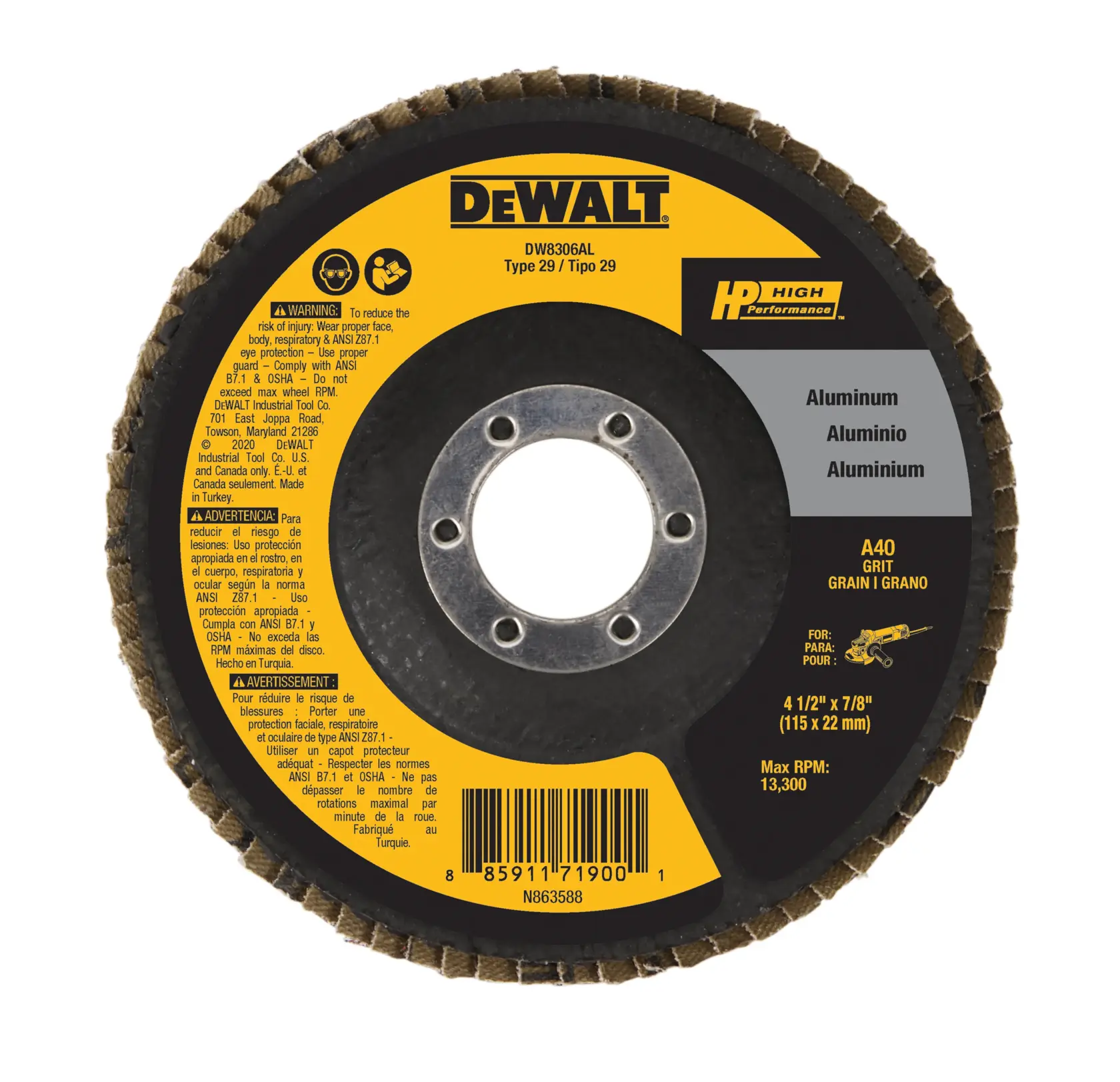 DEWALT® HP™ 4-1/2-in. x 7/8-in. 40 Grit Aluminum Flap Disc