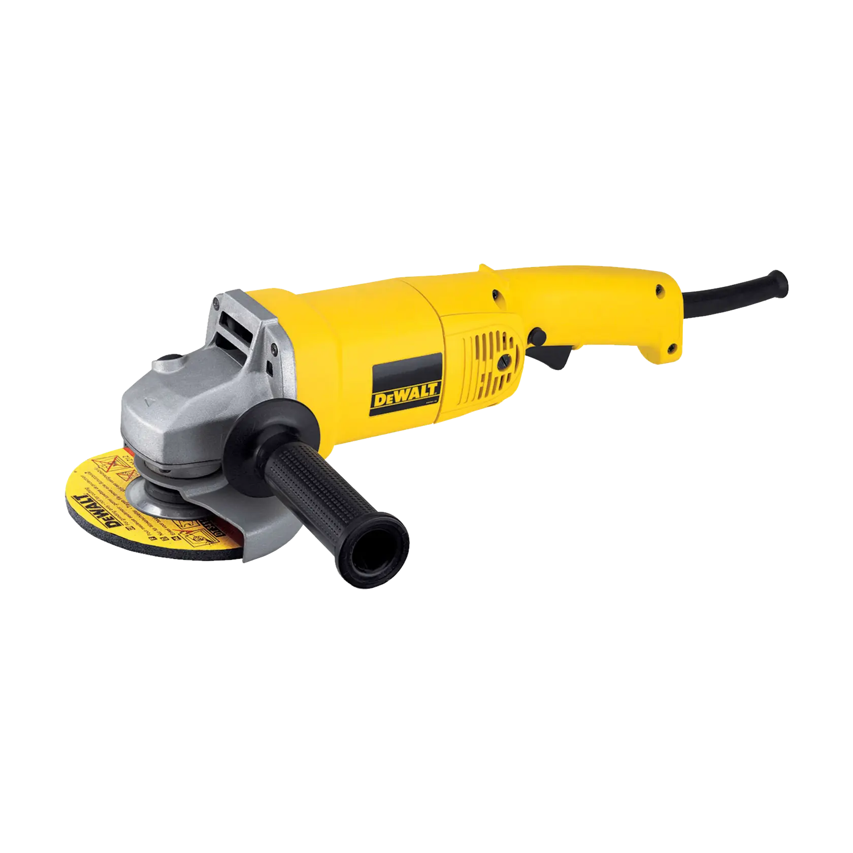 A person wearing protective gloves is using a yellow DEWALT DW831 angle grinder to grind or smooth the surface of a metal box in an industrial workshop.