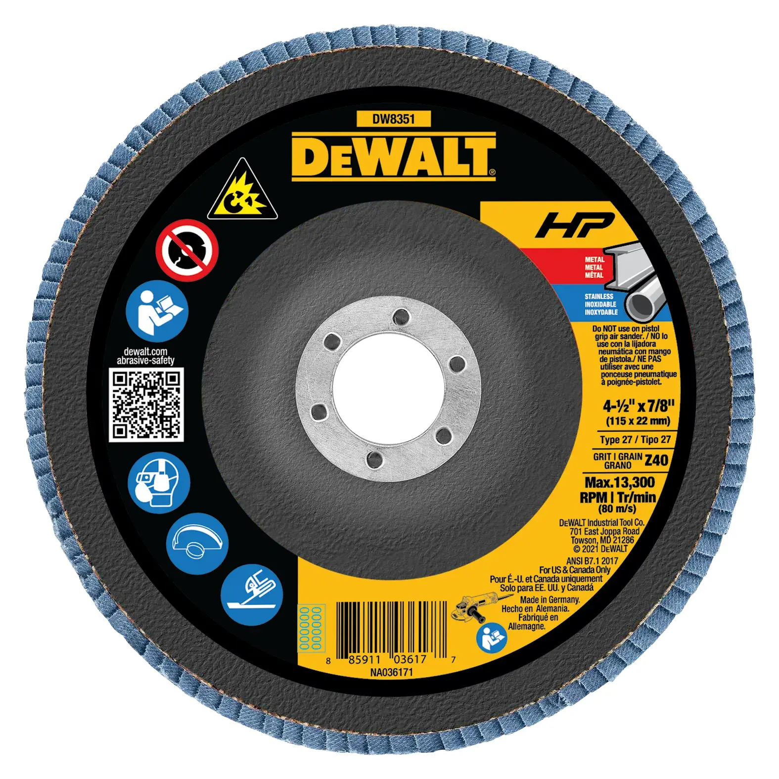 DEWALT® HP™ 4-1/2-in. x 7/8-in. 40 Grit Type 27 Flap Disc