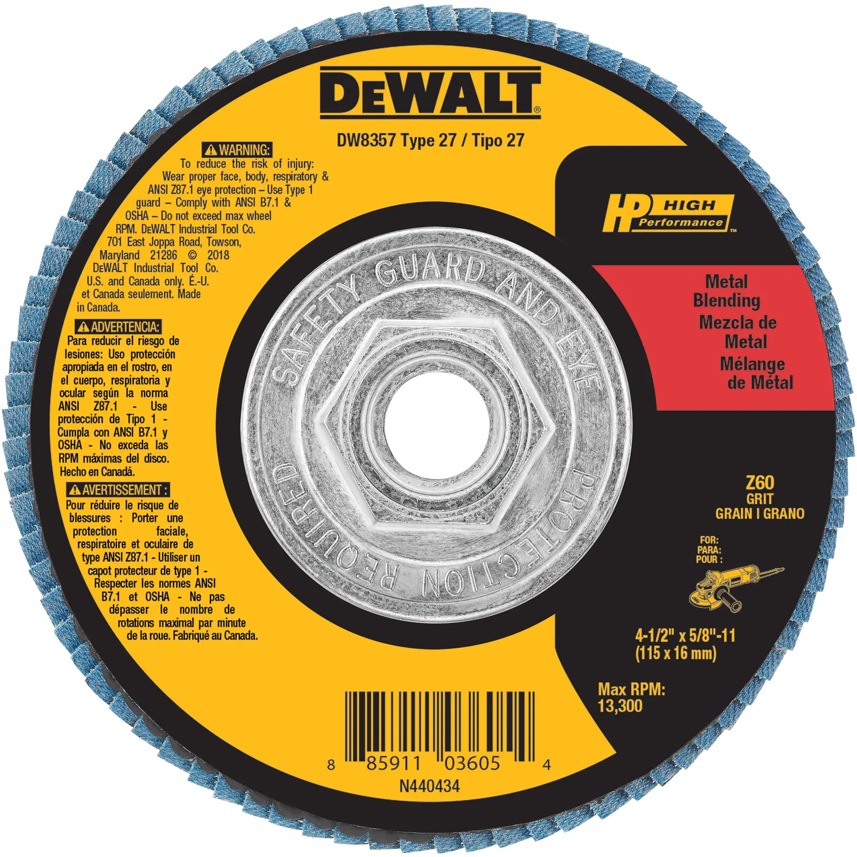 DEWALT® 4-1/2-in. x 5/8-in.-11 Type 27 HP Flap Disc (60 Grit)