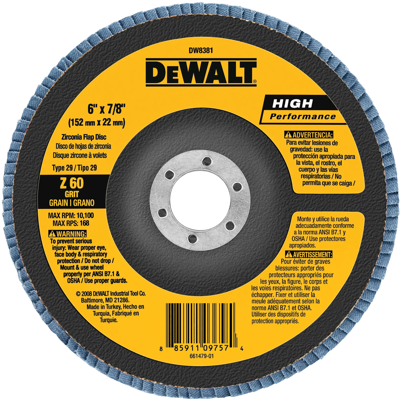 DEWALT® 6-in. x 7/8-in. Type 29 HP Flap Disc (60 Grit)