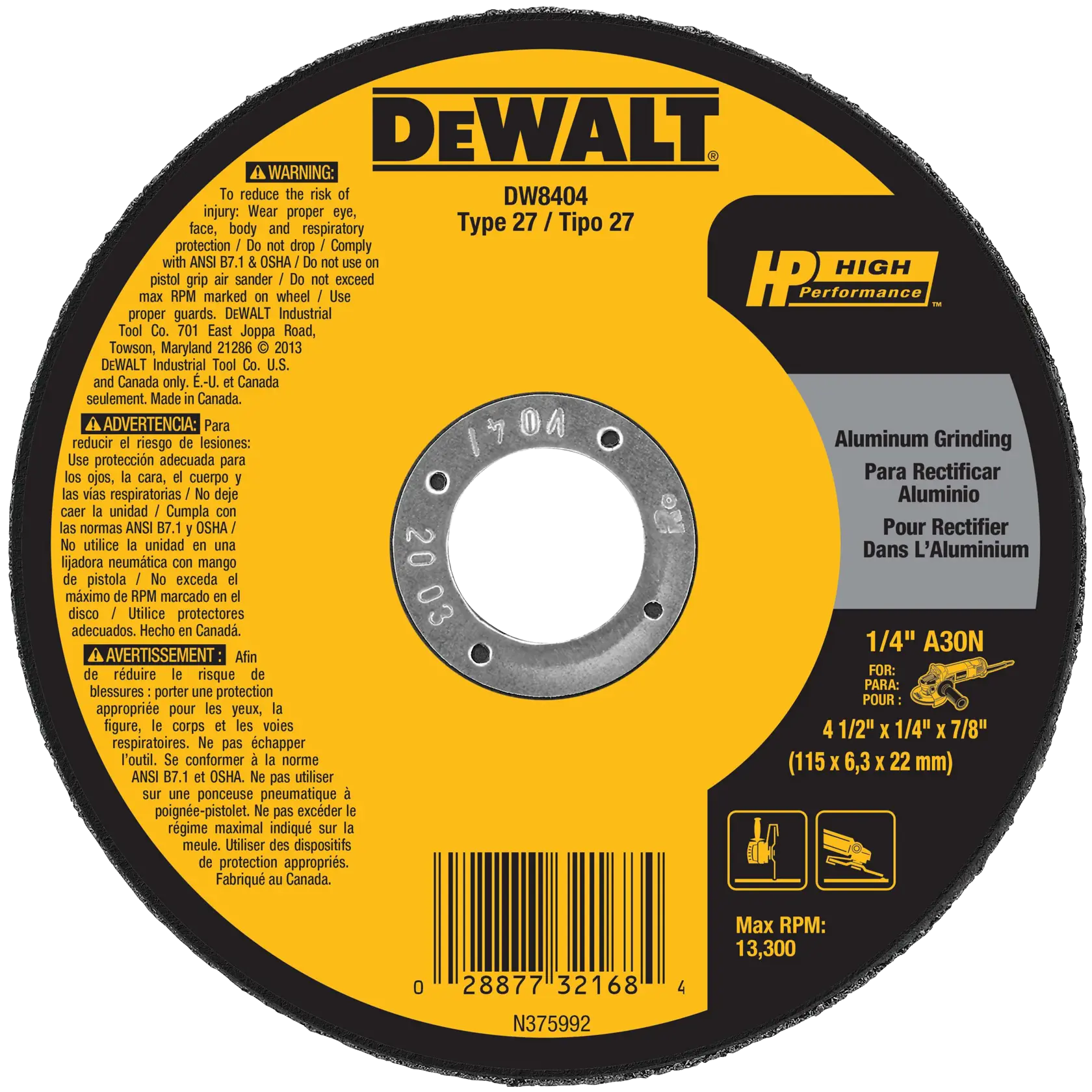 DEWALT® HP™ 4-1/2-in. x 1/4-in. x 7/8-in. Aluminum Grinding Wheel