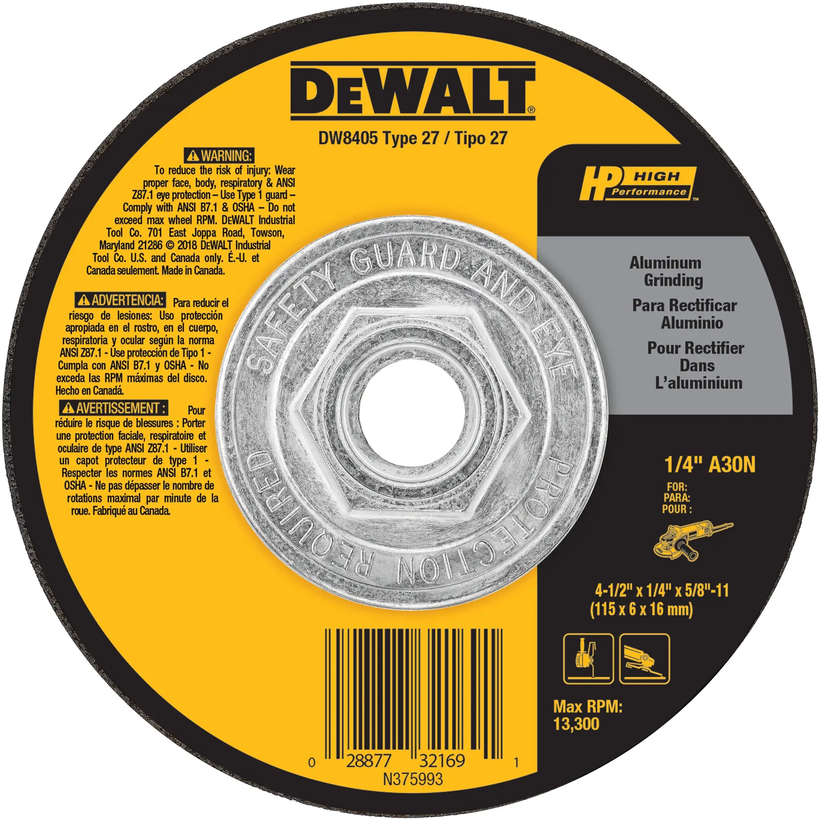 4 and a half inch by one quarter inch by five eighths inch -11 H P Aluminum Grinding Wheel Type 27.