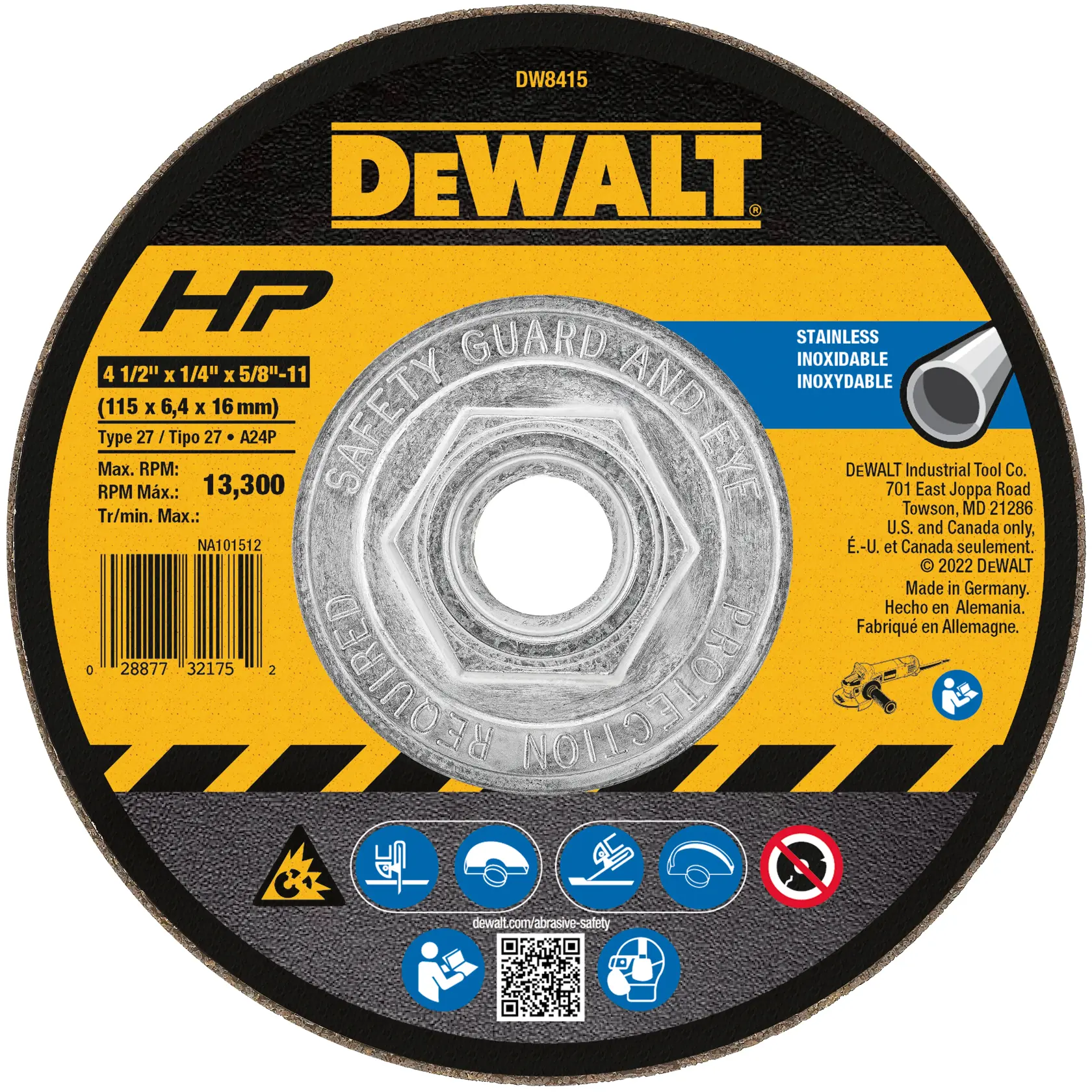 DEWALT® HP™ 4-1/2-in. x 1/4-in. x 5/8-in.-11 Stainless Steel Grinding Wheel
