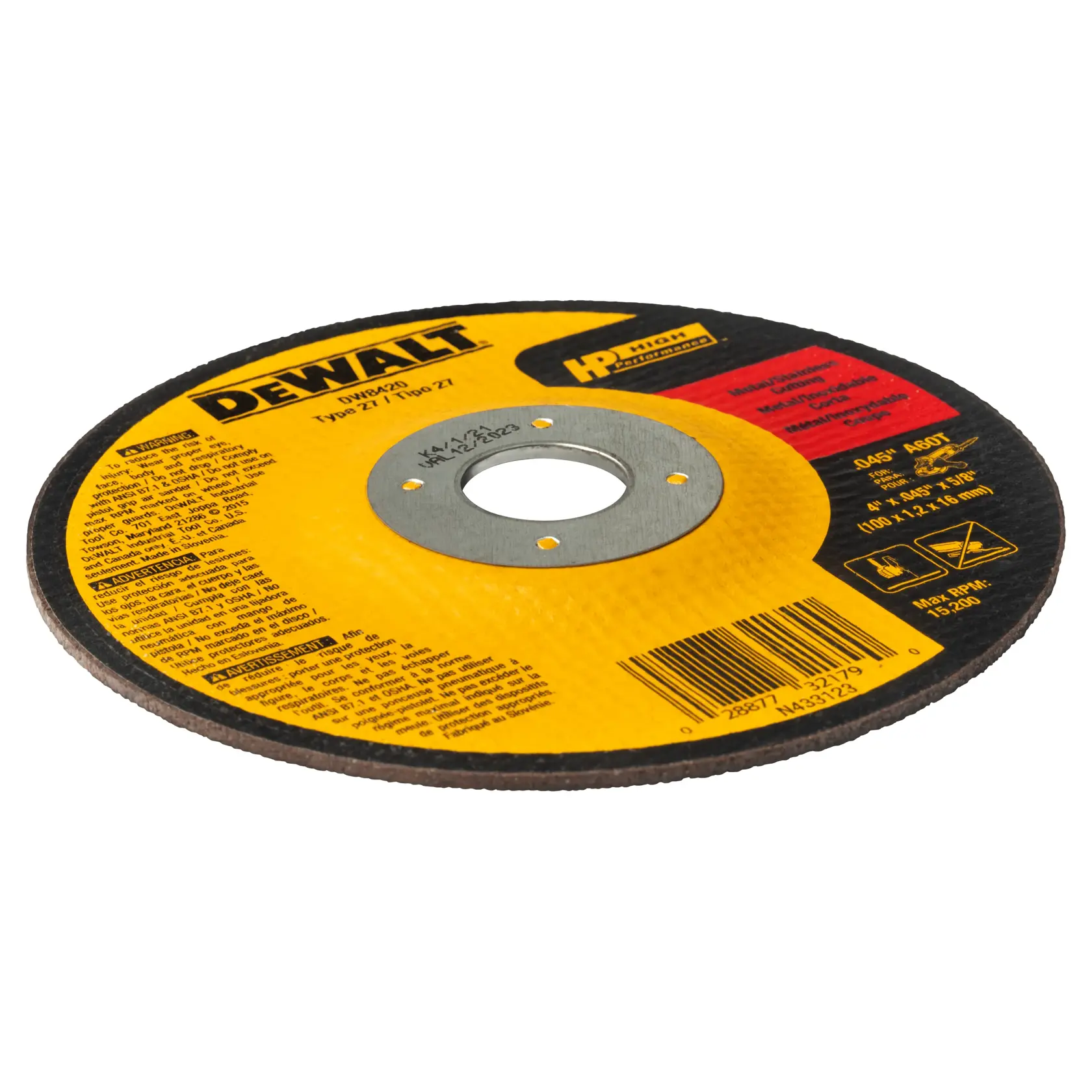 DEWALT® HP™ 4-in. x 0.045-in. x 5/8-in. T27 Cutting Wheel