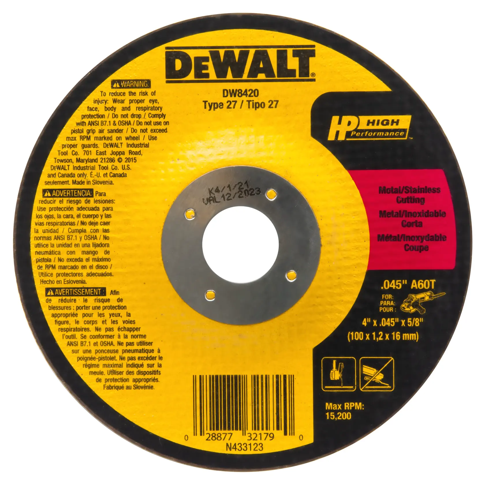 DEWALT® HP™ 4-in. x 0.045-in. x 5/8-in. T27 Cutting Wheel