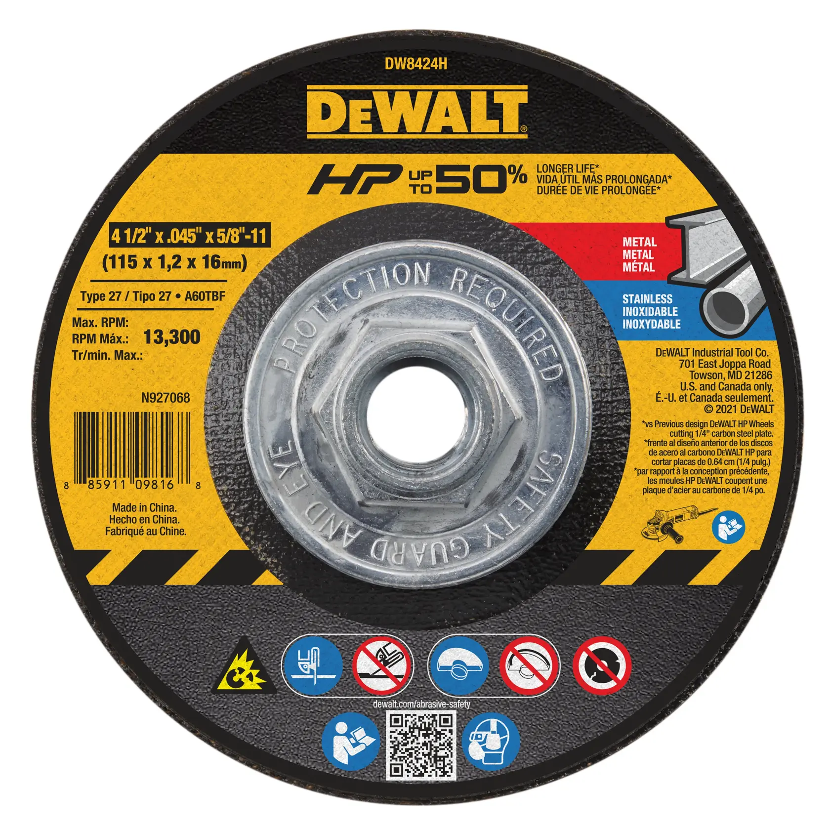 DEWALT® HP™ 4-1/2-in. x 0.045-in. x 5/8-in.-11 T27 Cutting Wheel