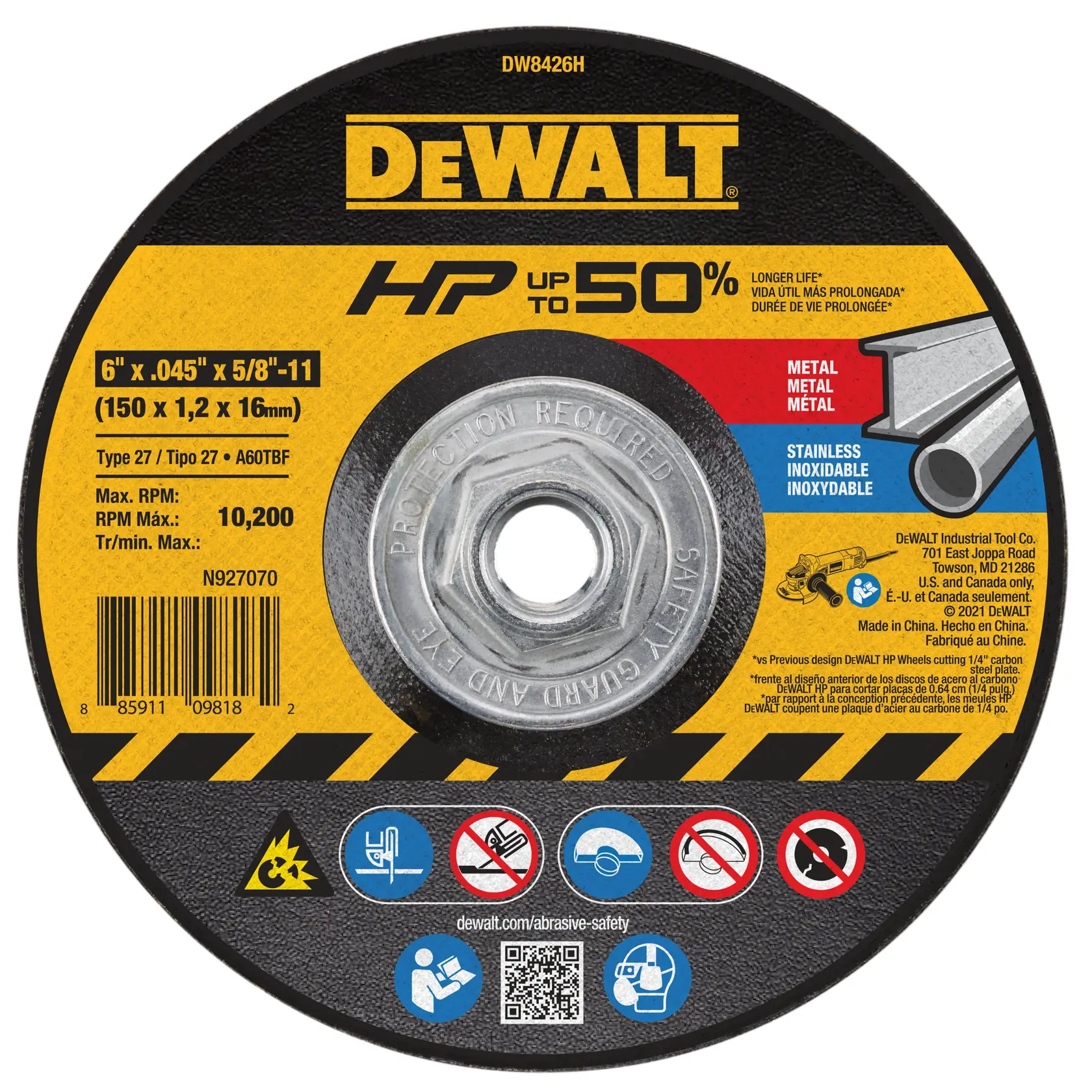 DEWALT® HP™ 6-in. x 0.045-in. x 5/8-in.-11 T27 Cutting Wheel