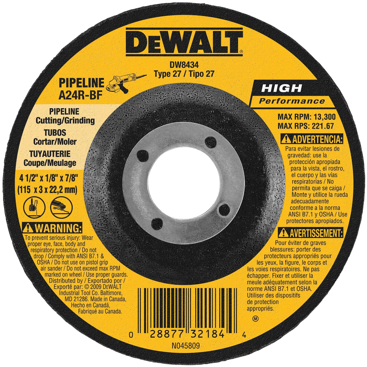 4 and a half inch by 1 eighth of an inch by 7 eighths of an inch H P metal grinding wheel type 27.