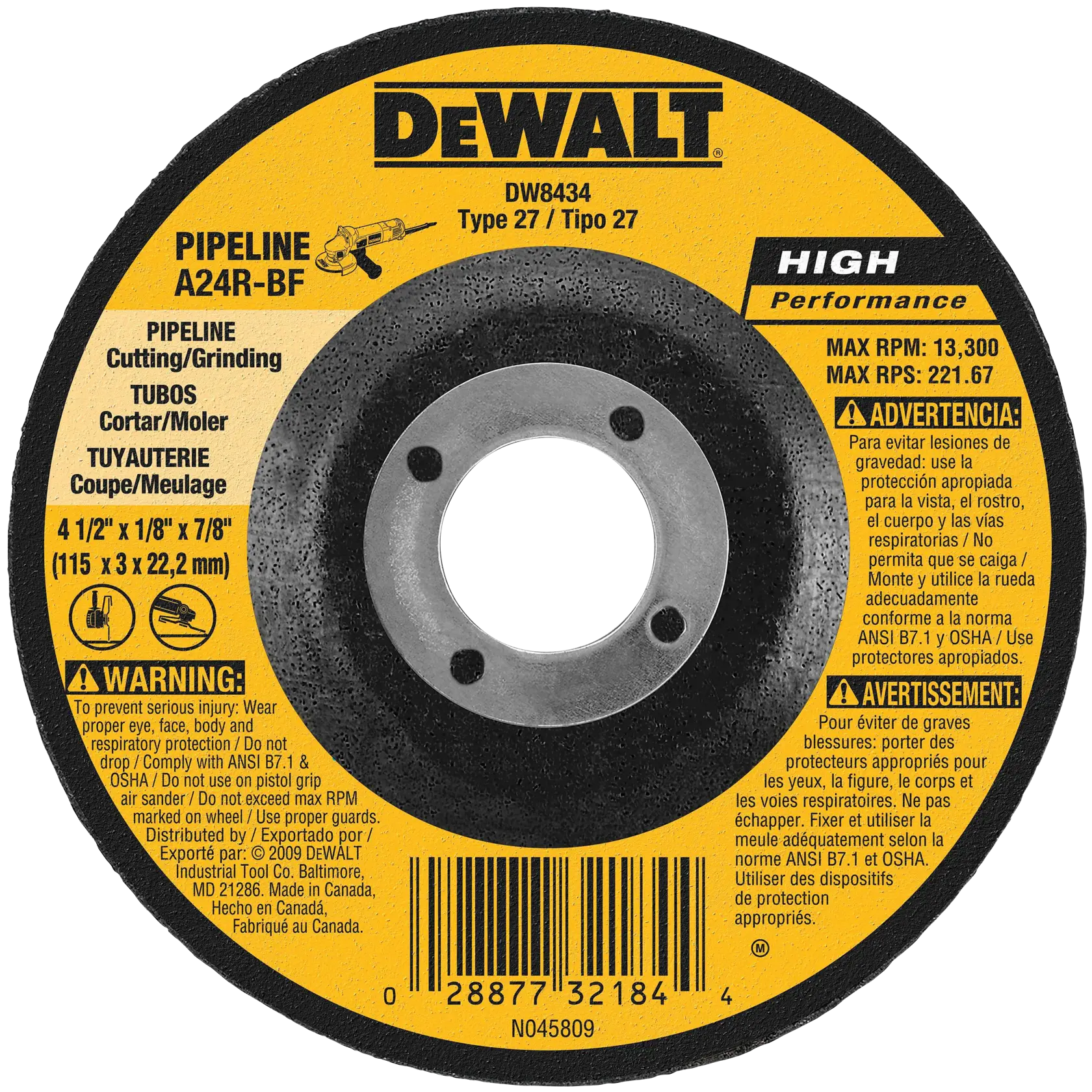 DEWALT® HP™ 4-1/2-in. x 1/8-in. x 7/8-in. Metal Pipeline Grinding Wheel