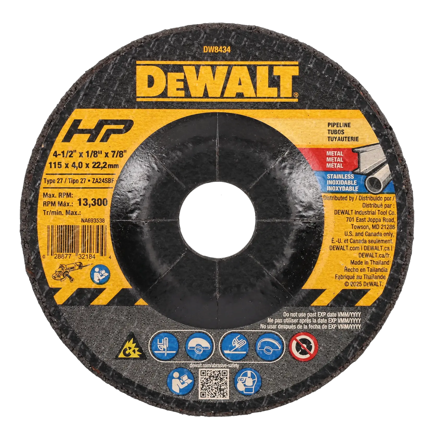 DEWALT® HP™ 4-1/2-in. x 1/8-in. x 7/8-in. Metal Pipeline Grinding Wheel thumbnail 3