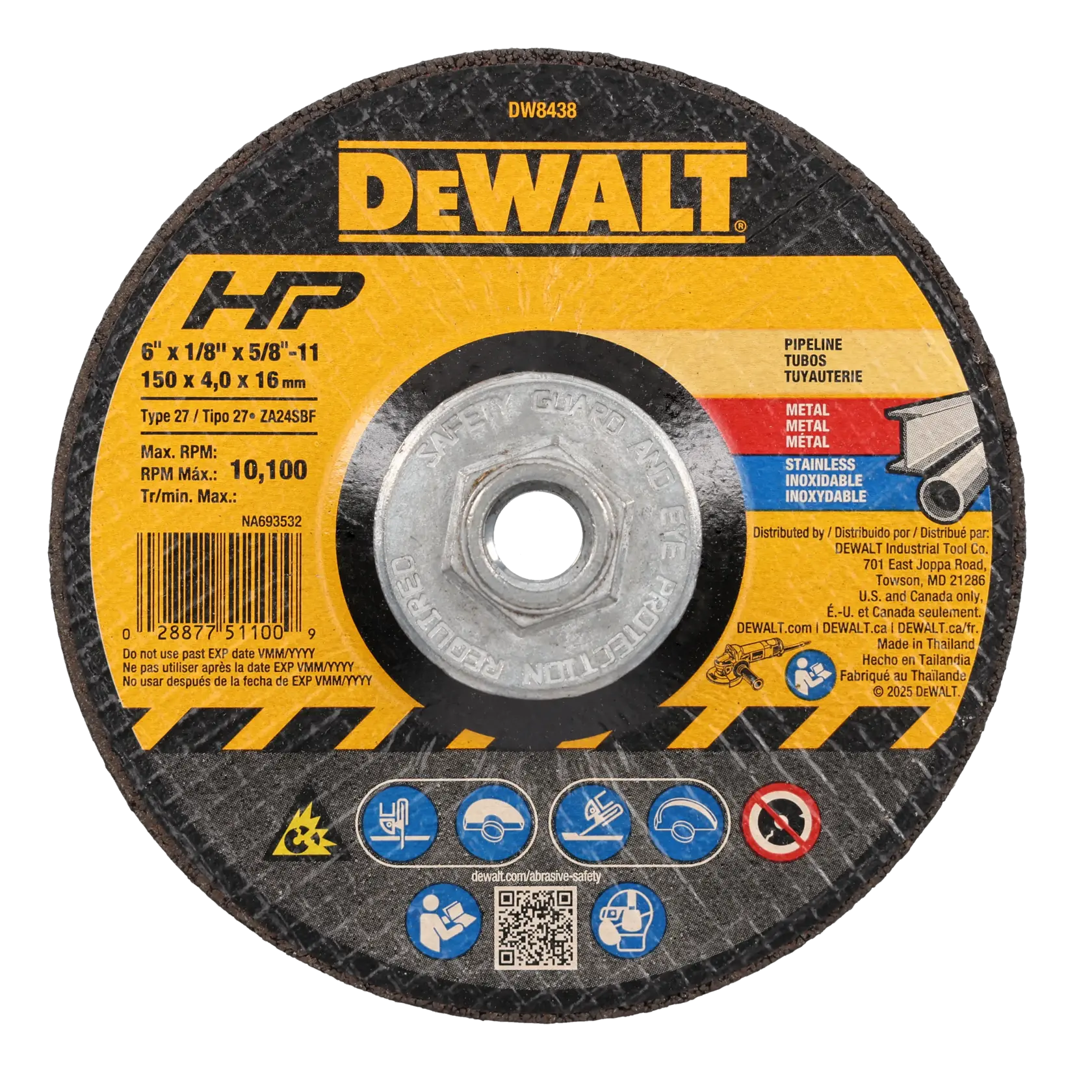 6 inch by 1 eighth of an inch by 5 eighths of an inch -11 H P metal grinding wheel type 27.