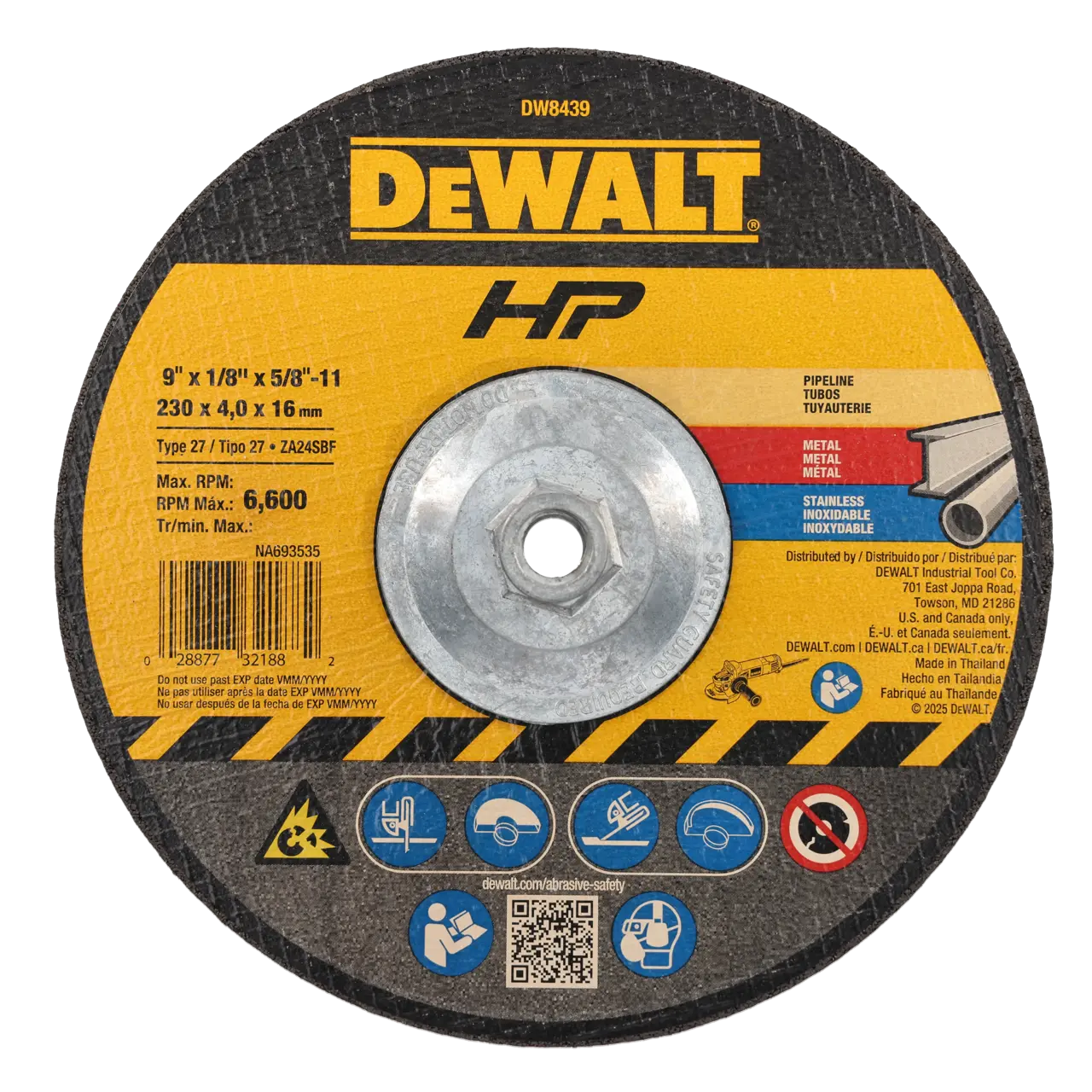 9 inch by 1 eighth of an inch by 5 eighths of an inch -11 H P metal grinding wheel type 27.