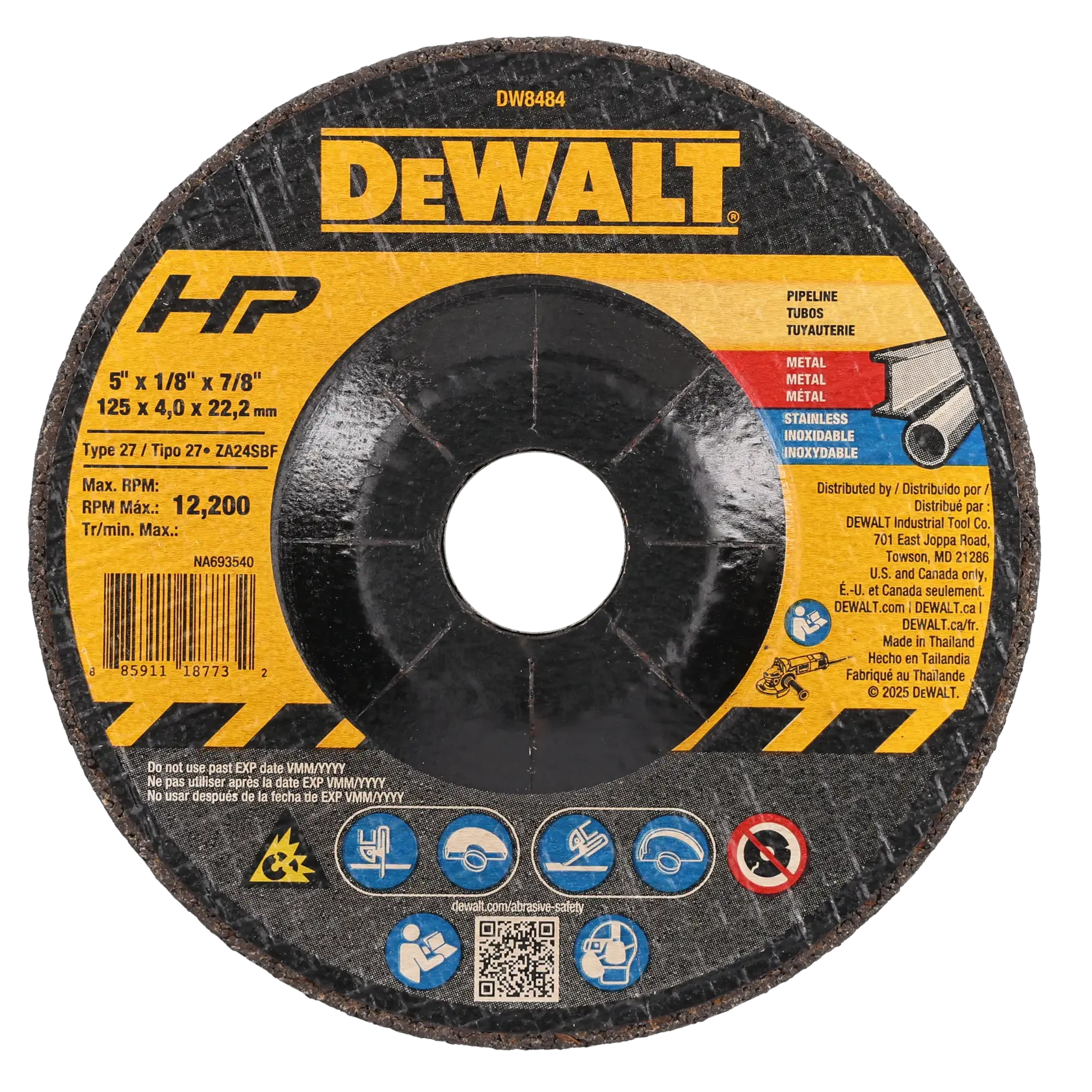 DEWALT® HP™ 5-in. x 1/8-in. x 7/8-in. T27 Metal Pipeline Grinding Wheel