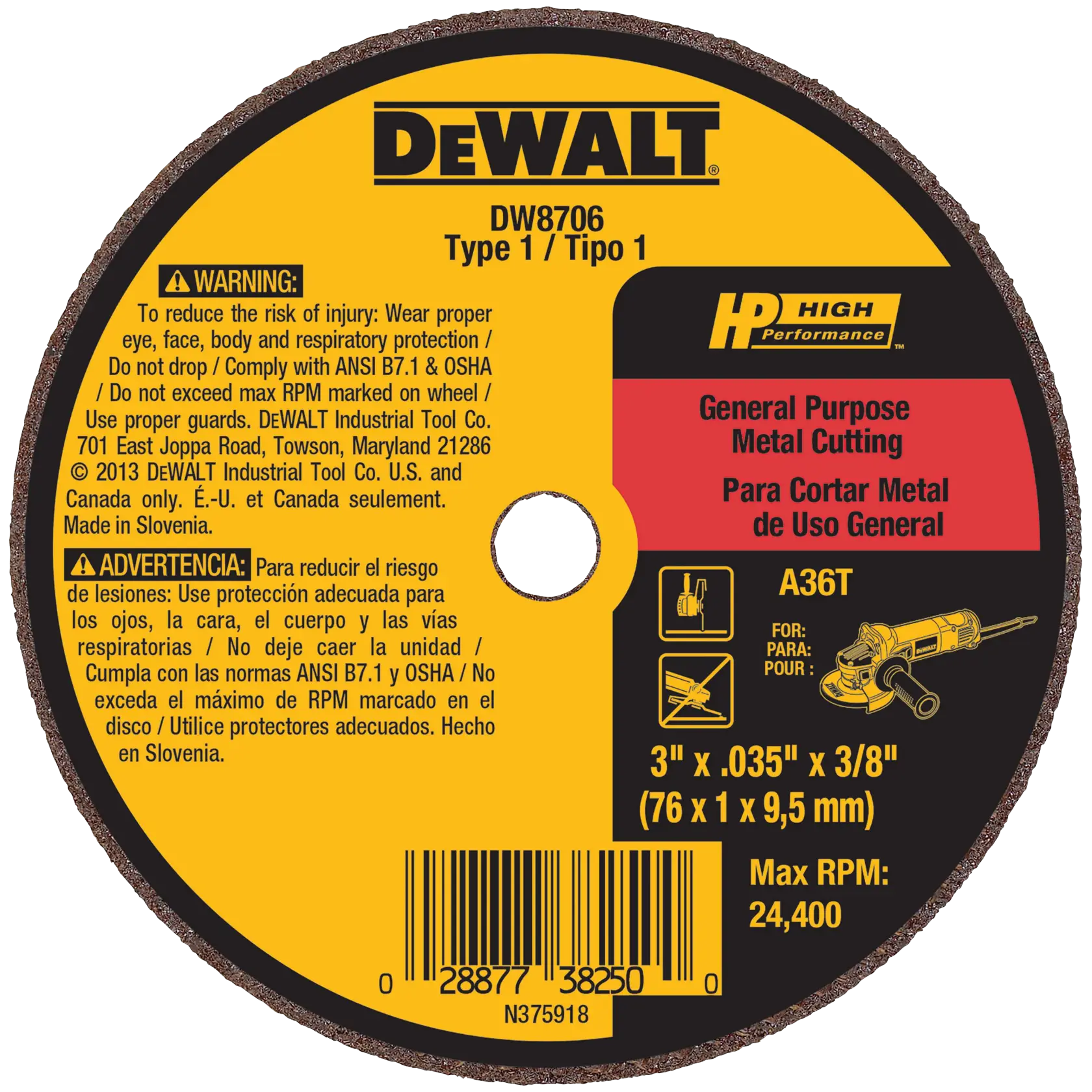 DEWALT® 3-in. x .035-in. x 3/8-in. A36T Fast Cutting Wheel
