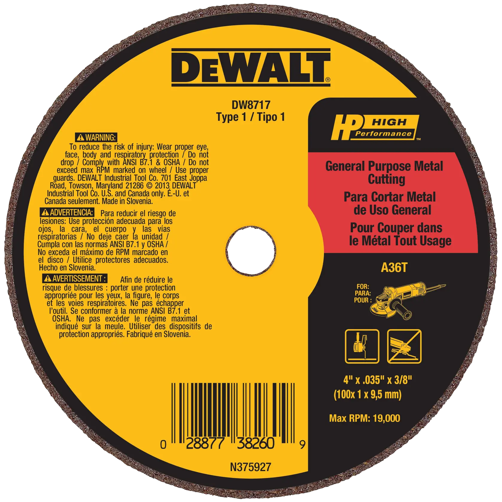 DEWALT® 4-in. x .035-in. x 3/8-in. A36T Fast Cutting Wheel