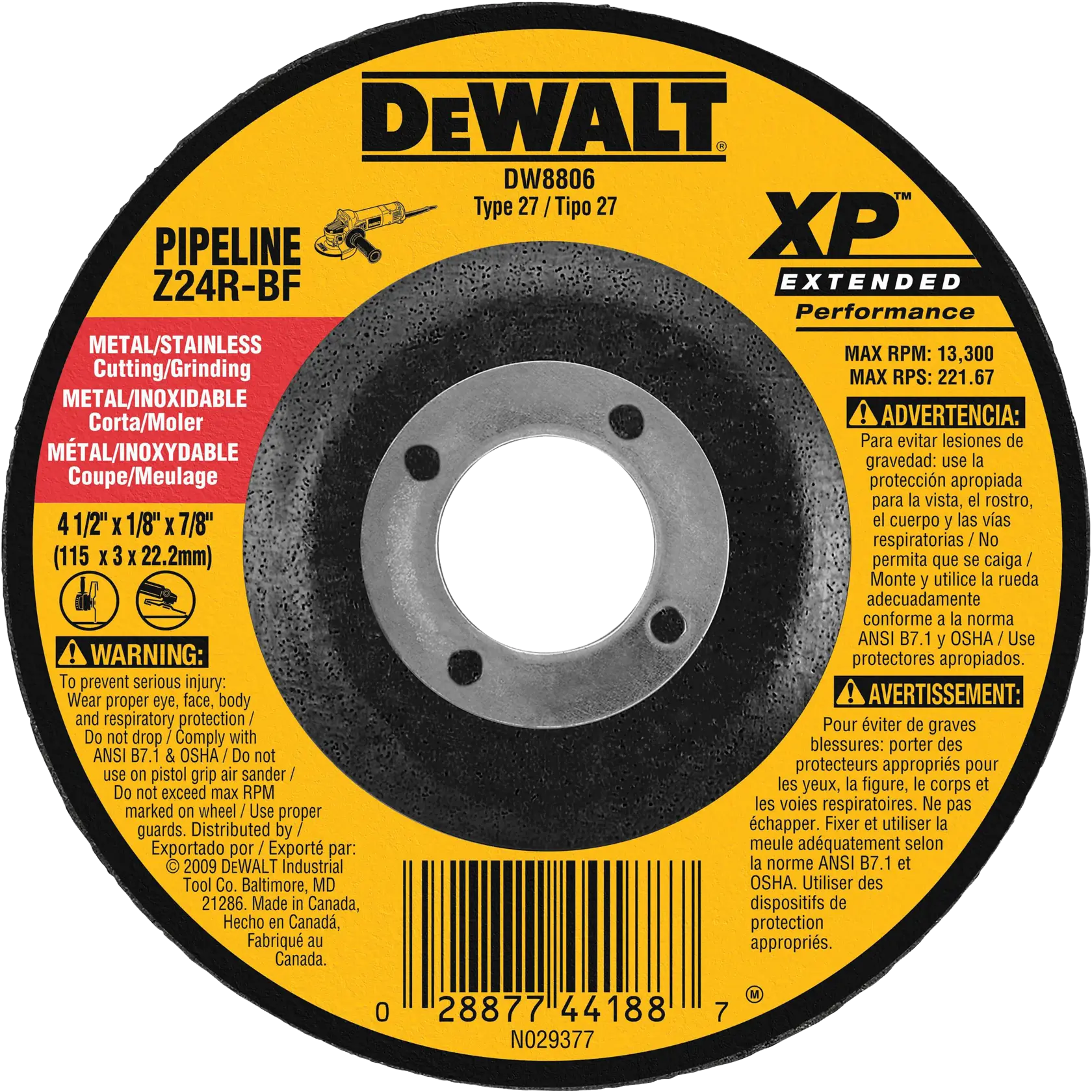 DEWALT® XP™ 4-1/2-in. x 1/8-in. x 7/8-in. T27 Zirconia Metal Grinding Wheel