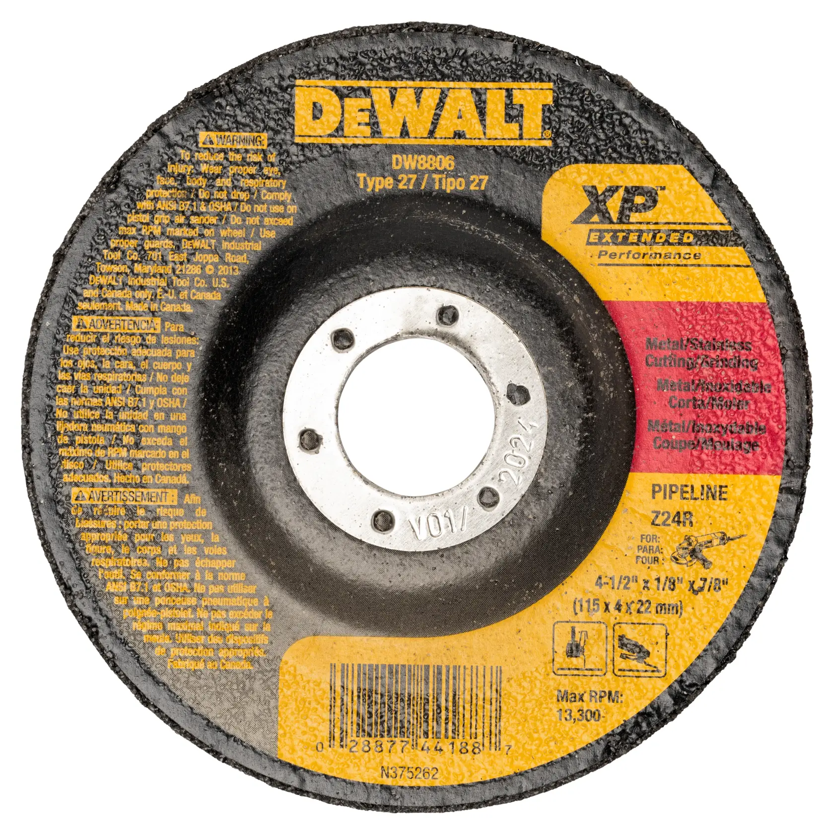 DEWALT® XP™ 4-1/2-in. x 1/8-in. x 7/8-in. T27 Zirconia Metal Grinding Wheel thumbnail 2