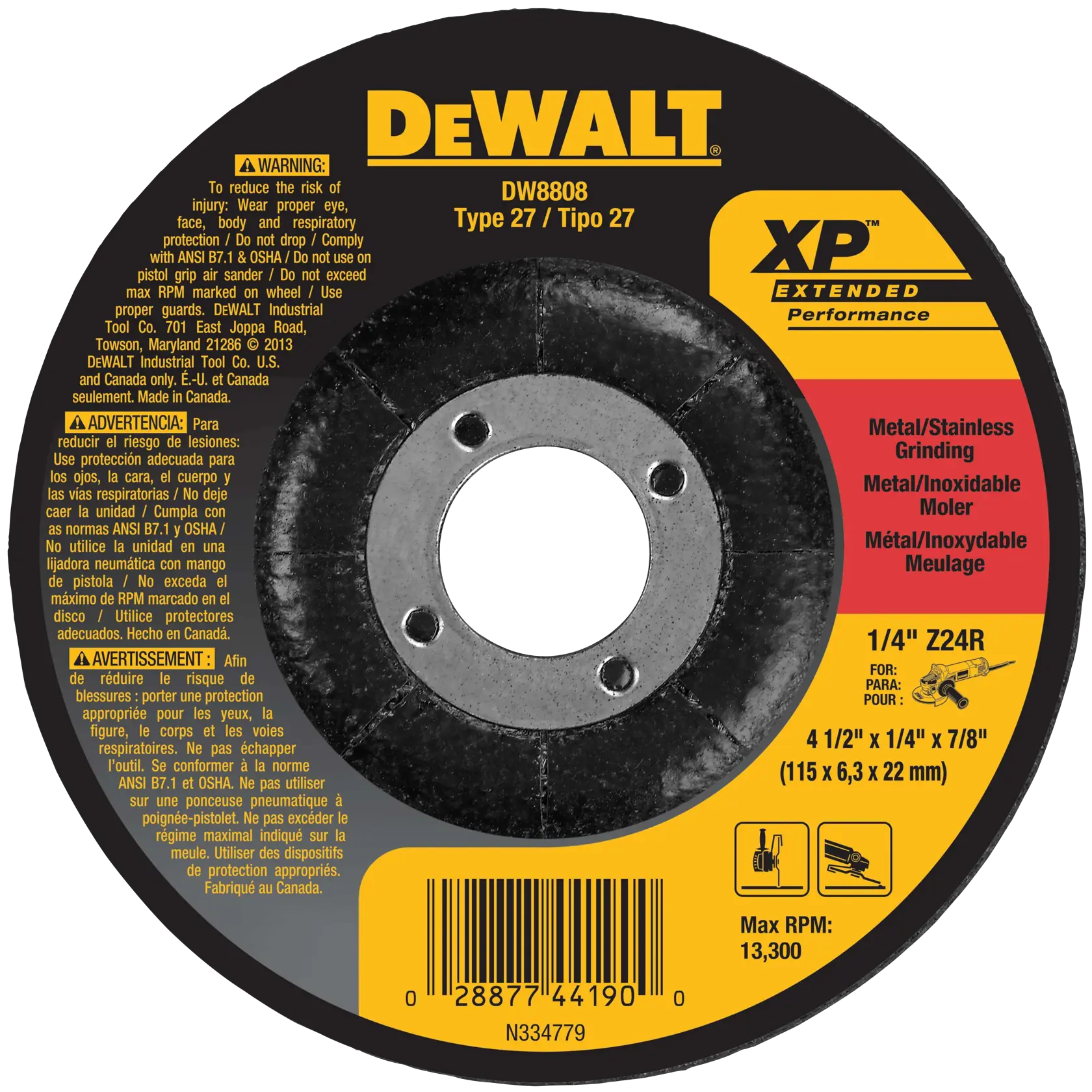 DEWALT® XP™ 4-1/2-in. x 1/4-in. x 7/8-in. T27 Zirconia Metal Grinding Wheel