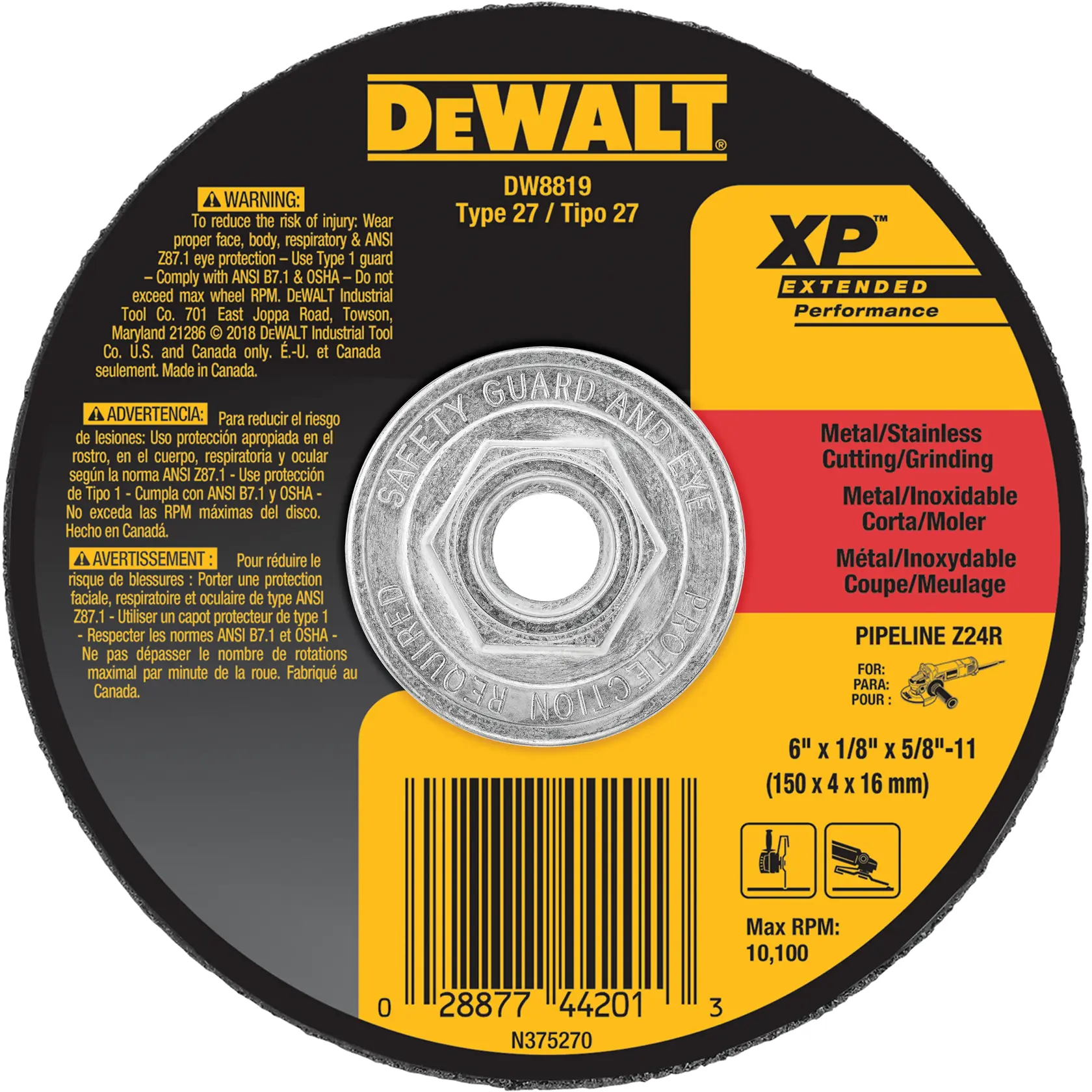 DEWALT® XP™ 6-in. x 1/8-in. x 5/8-in.-11 T27 Zirconia Metal Grinding Wheel