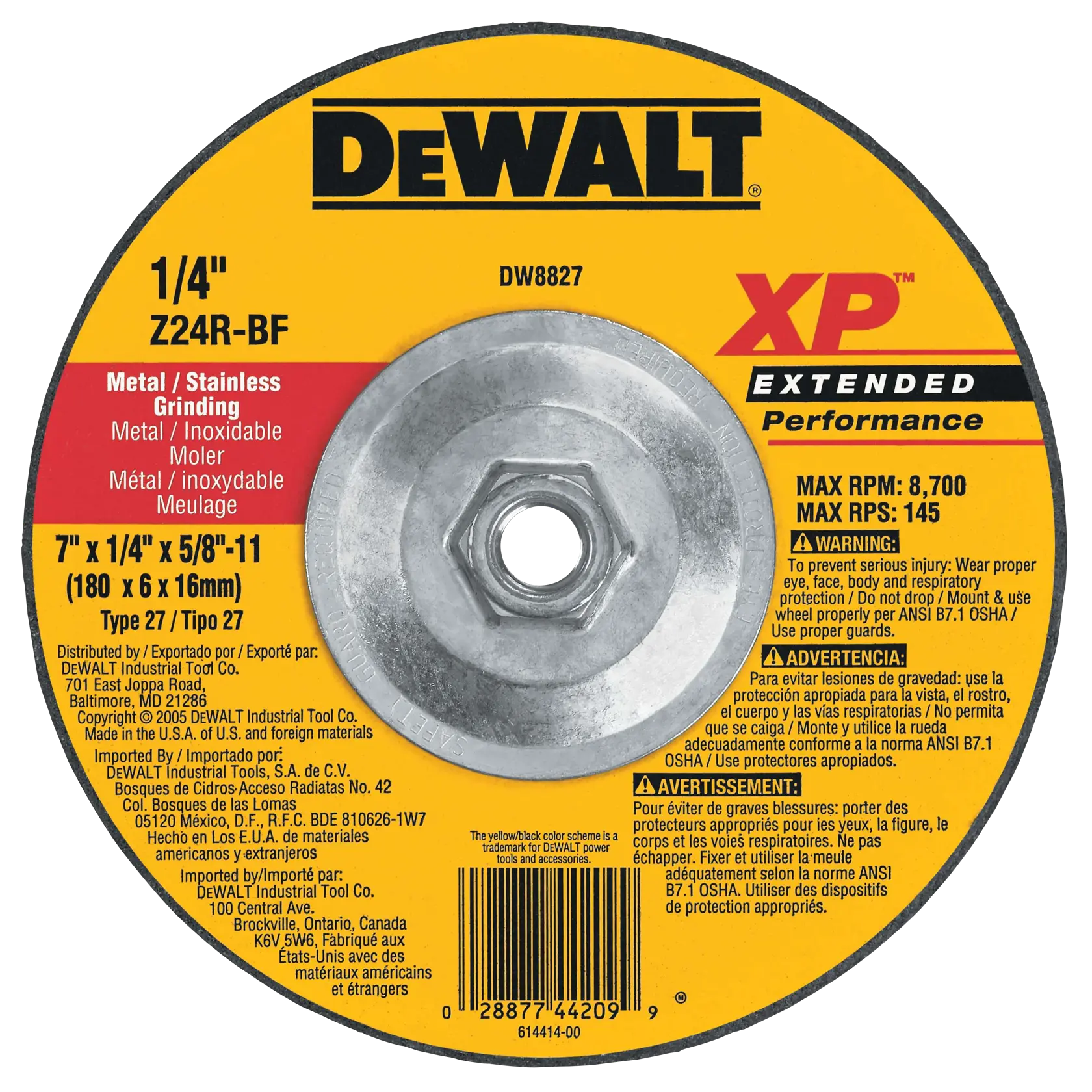 7 inch by 1 quarter of an inch by 5 eighths of an inch -11 X P metal grinding wheel type 27.