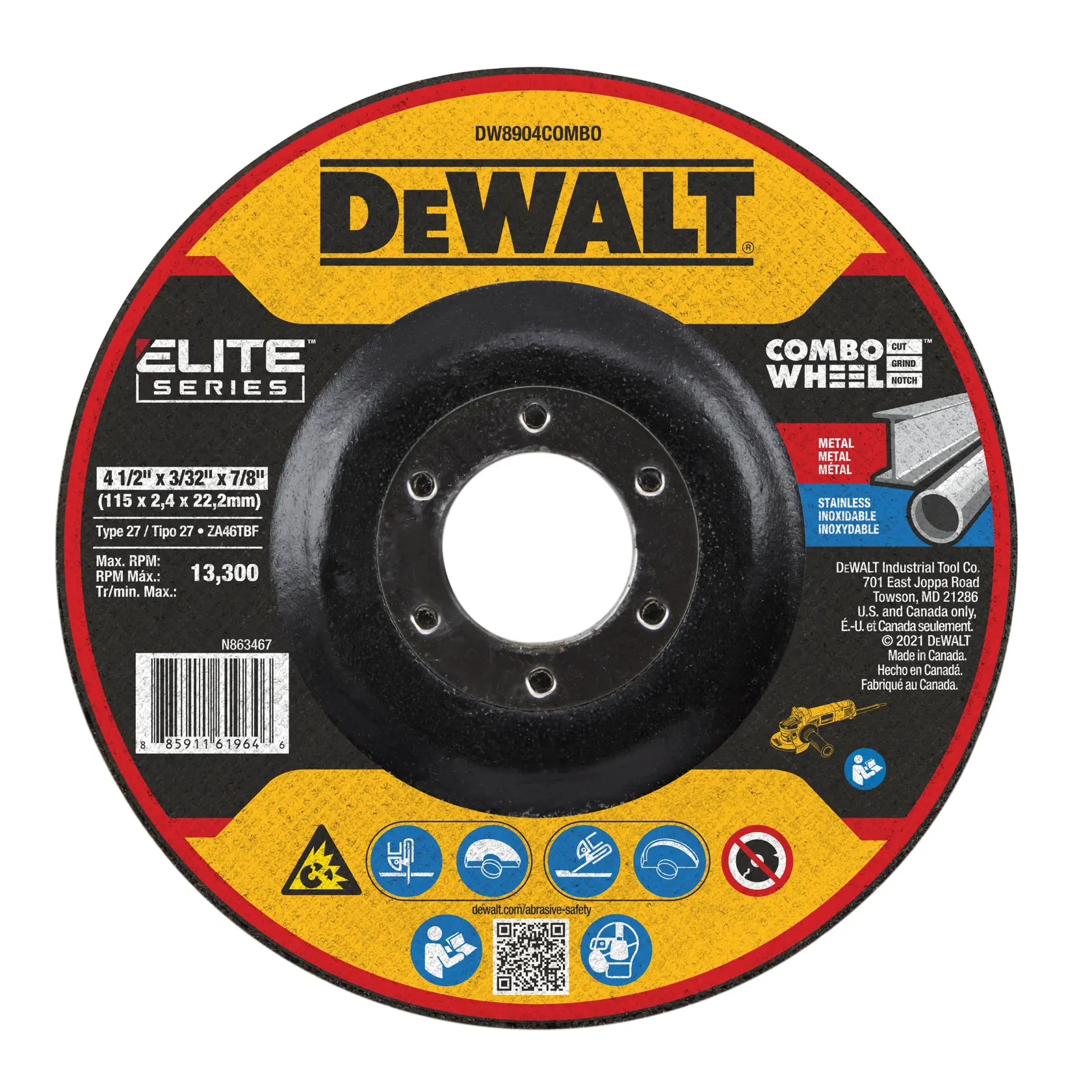 DEWALT® ELITE SERIES™ 4-1/2-in. x 3/32-in. x 7/8-in. T27 Combo Wheel