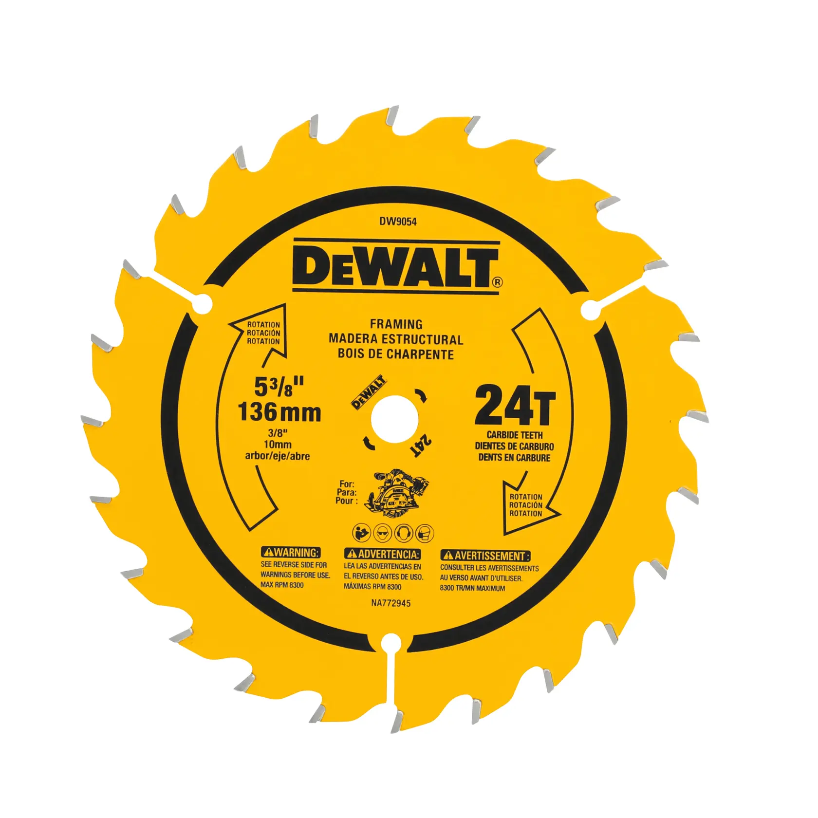 A yellow DeWalt circular saw blade with 24 carbide teeth, labeled for framing use. The blade diameter is 5-3/8 inches (136 mm) and it fits a 3/8 inch (10 mm) arbor. Safety and rotation instructions, as well as warnings, are printed on the blade in multiple languages.